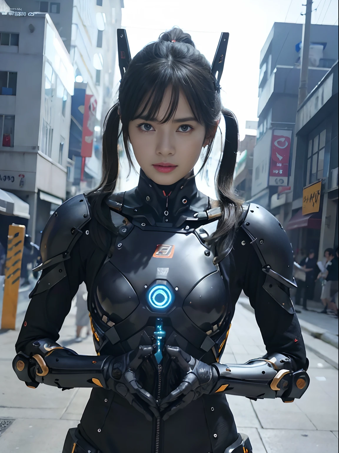 (Fight against mechanical robot soldiers)、top-quality、masterpiece、超A high resolution、(sexypose),(Wearing a futuristic sun visor)、(Photorealsitic:1.4)、Raw photo、1人、Black hair、glowy skin、((1 Mechanical Girl))、((super realistic details))、portlate、(Small LED lamp)、Wire tubes that glow all over the body、(With state-of-the-art weapons),globalillumination、Shadow、octan render、8K、Armpit、ultrasharp、Colossal tits、Small LED lamp、Raw skin is exposed in cleavage、metals、blood vessels connected to tubes、With weapons、Red bodysuit、Armpit、Cyberpunk city background、Details of complex ornaments、Japan details、highly intricate detail、Realistic light、CGSoation Trends、Blue eyes、radiant eyes、Facing the camera、neon details、(Helmet of the Brave)、Mechanical limbs、blood vessels connected to tubes、Mechanical vertebrae attached to the back、mechanical cervical attaching to neck、Wires and cables connecting to the head、Gundam、Small LED lamp、Toostock、Toostock、Futuristic machine gun、Knives、