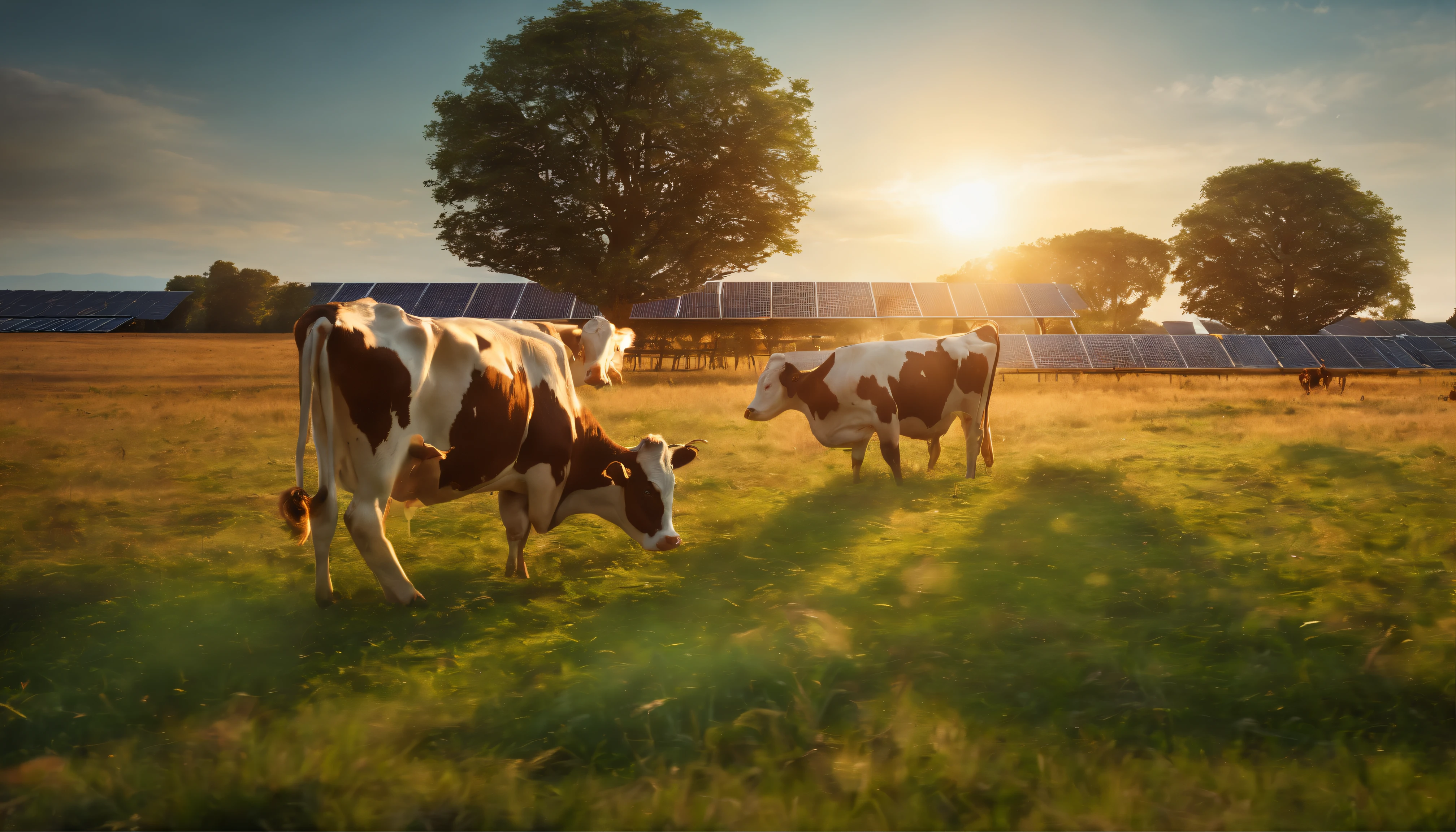 cows grazing in a field with solar panels on the roof, solar field plains, Sistema solar coberto, agricultura, Directed by: John Armleder, photo rendering, movido a energia solar, conceptual rendering, fazenda scifi, energia solar