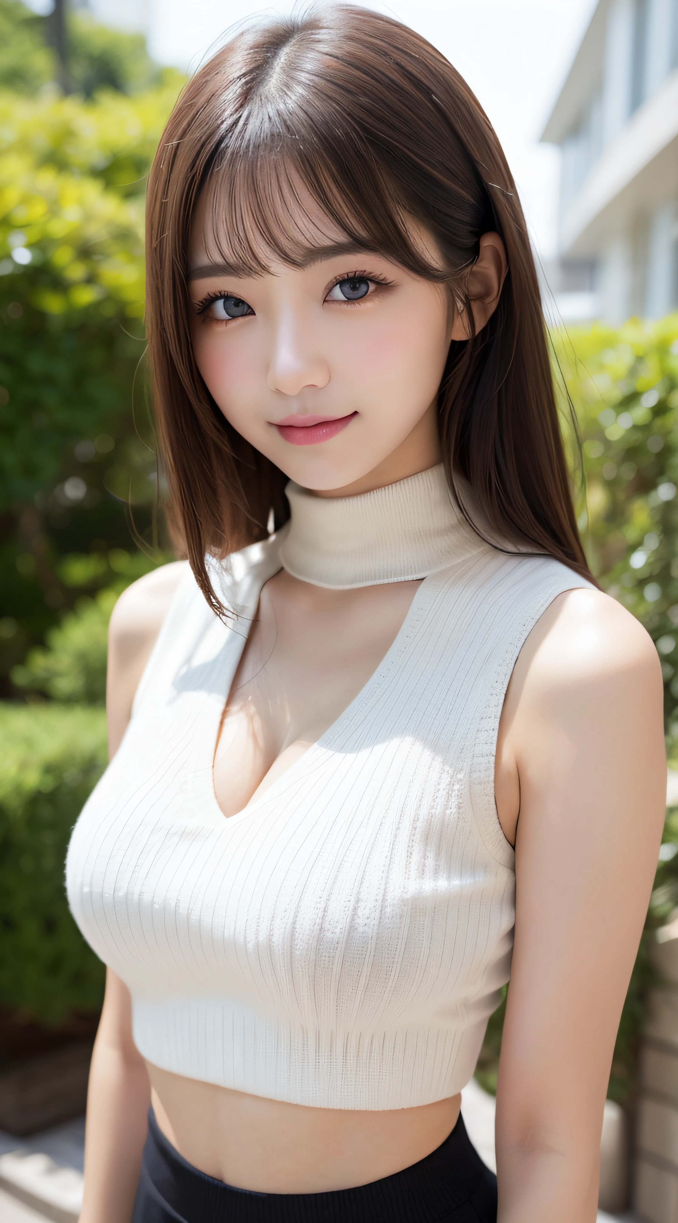 masutepiece, Best Quality, Photorealsitic, finely detail, hight resolution, 8K Wallpapers, Perfect dynamic composition, Beautiful detailed eyes, Medium Hair, large full breasts, Random and sexy poses,Bring your chest together、(Mock Neck Crop Tank Top White Knitwear、Cleavage looks realistic)、(Breast bulge 1.2)、A smile、open open mouth、Resort scenery、23years old、(Drooping eyes 1.4)、Adult beauty、japanes