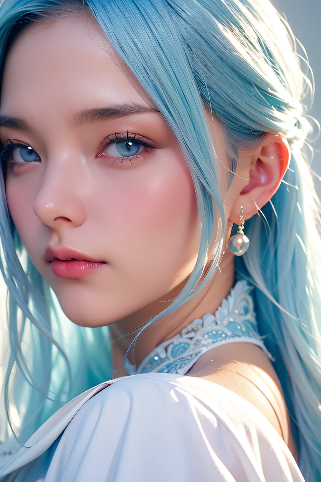 1 girl with long light blue hair, White skirt, Close-up of face