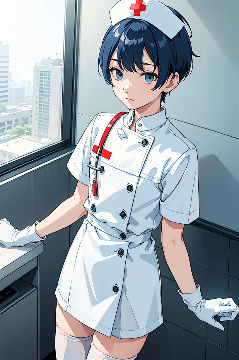 1boy, male focus, nurse, nurse cap, white wear, ((white legwear, zettai ryouiki)), white gloves, bobcut, blue hair, standing, ((hospital room)), sharp outline, short sleeves, shota, ************, best quality, masterpiece