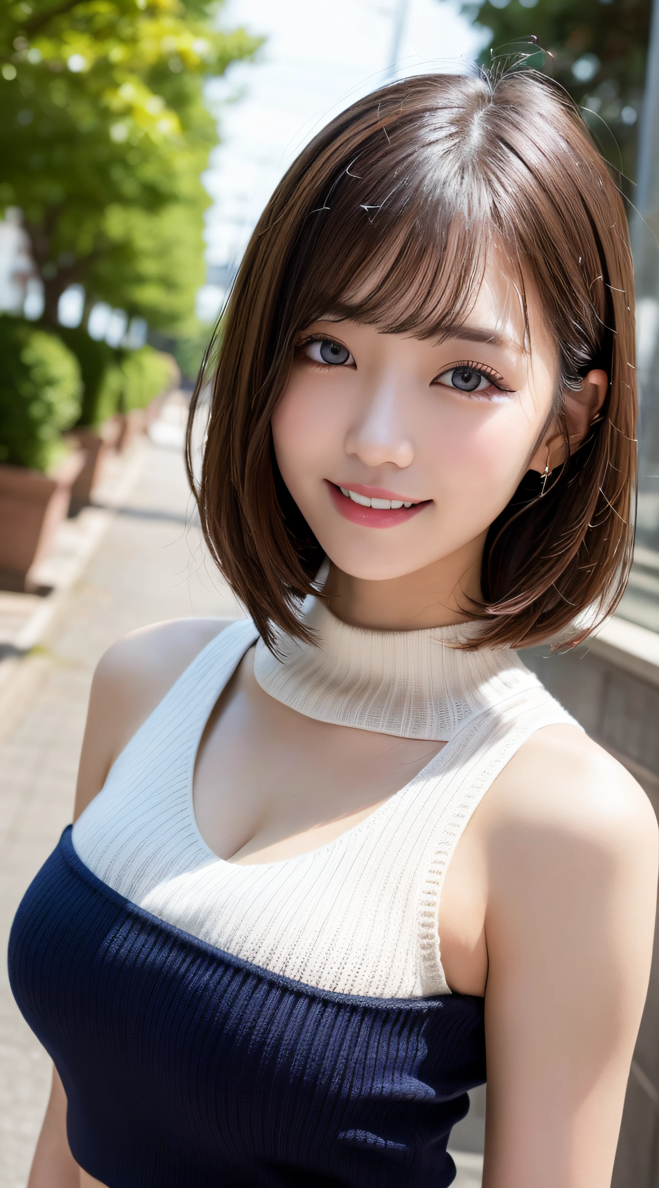 masutepiece, Best Quality, Photorealsitic, finely detail, hight resolution, 8K Wallpapers, Perfect dynamic composition, Beautiful detailed eyes, Medium Hair, large full breasts, Random and sexy poses,Bring your chest together、(Mock Neck Crop Tank Top White Knitwear、Cleavage looks realistic)、(Breast bulge 1.2)、A smile、open open mouth、Resort scenery、23years old、(Drooping eyes 1.4)、Adult beauty、japanes