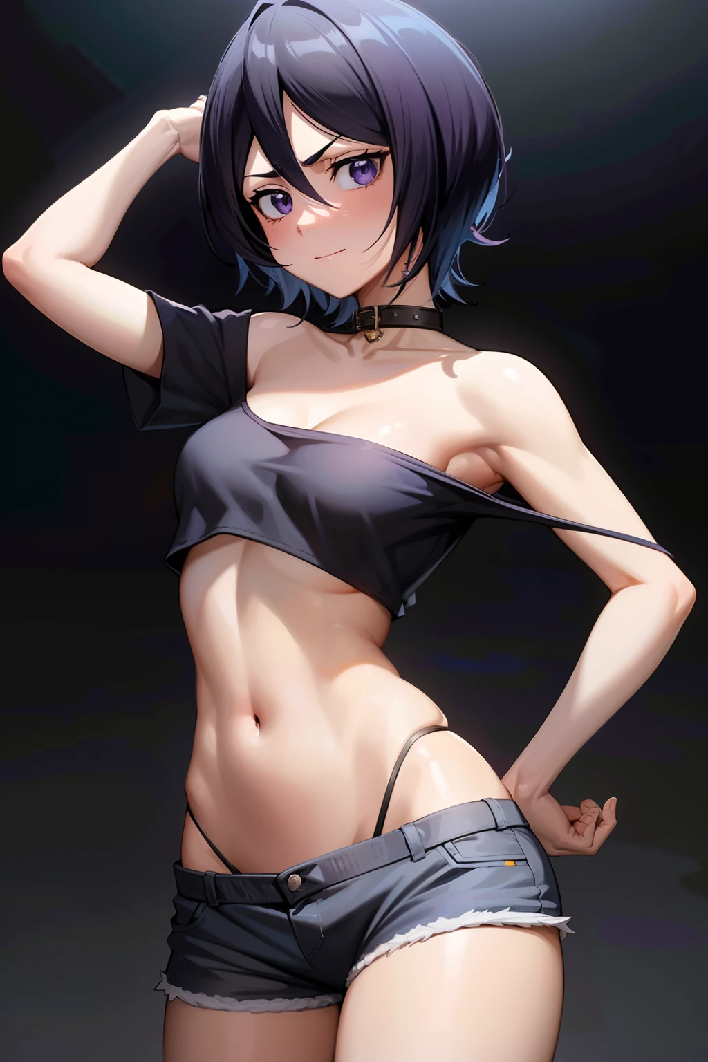 (CharacterSheet:1)anime screencap, hand on hip, nsfw. short hair, black hair, purple eyes, hair between eyes, cowboy shot, (best quality), (ultra-detailed), (best illustration), (best shadow), masterpiece, high res, (very deep cut blue short top:1.4), (summer hat) , navel, collar bone, collar, glasses, smile, furrowed eyebrows, small perfect breasts, black hair, purple eyes,
, (multiple views, full body, upper body, reference sheet:1), back view, front view, (white background, simple background:1.2),(dynamic_pose:1.2), (masterpiece:1.2), (best quality, highest quality), (ultra detailed), (8k, 4k, intricate), (50mm), (highly detailed:1.2),(detailed face:1.2), detailed_eyes,(gradients),(ambient light:1.3),(cinematic composition:1.3),(HDR:1),Accent Lighting,extremely detailed,original, highres,(perfect_anatomy:1.2),