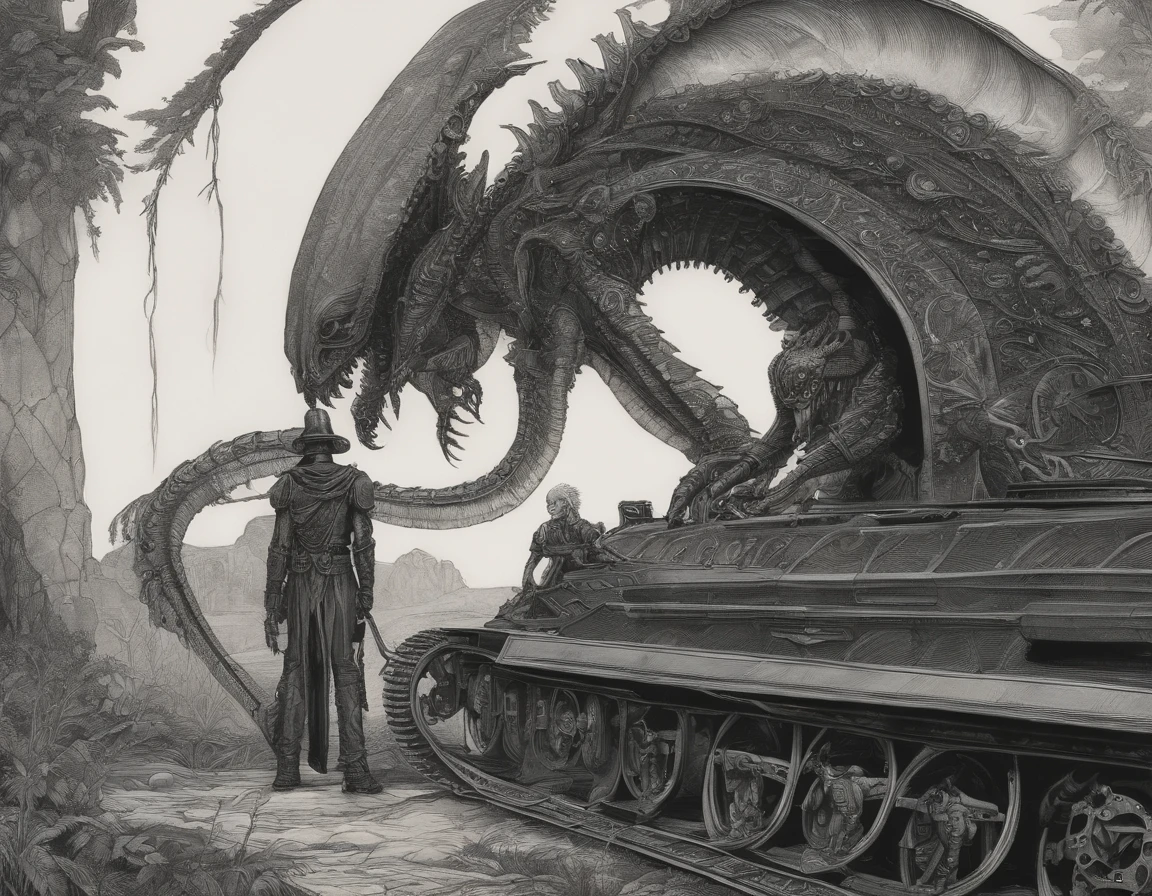 Close up, xenomorph bending down with a mantis sitting by Self-Propelled Howitzer, in the style of harry clarke, densely patterned imagery, charming character illustrations, charles vess, realist detail, steampunk influences, arthur rackham, tangled forms, pseudo - realistic