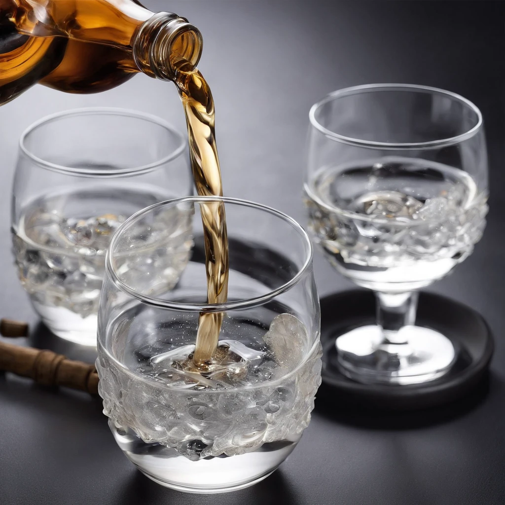 Sake glasses poured with brandy,icy, masterpiece,top-quality,professional photograpy,detail portrayal,8K,the background is white