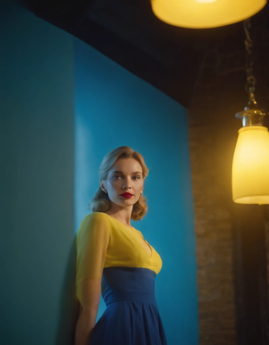 1950s fashion, close up photo, a woman wearing a blue dress, with a yellow lamp near her, in the style of neon and fluorescent light, blocky, transparency, handcrafted designs, 35mm film