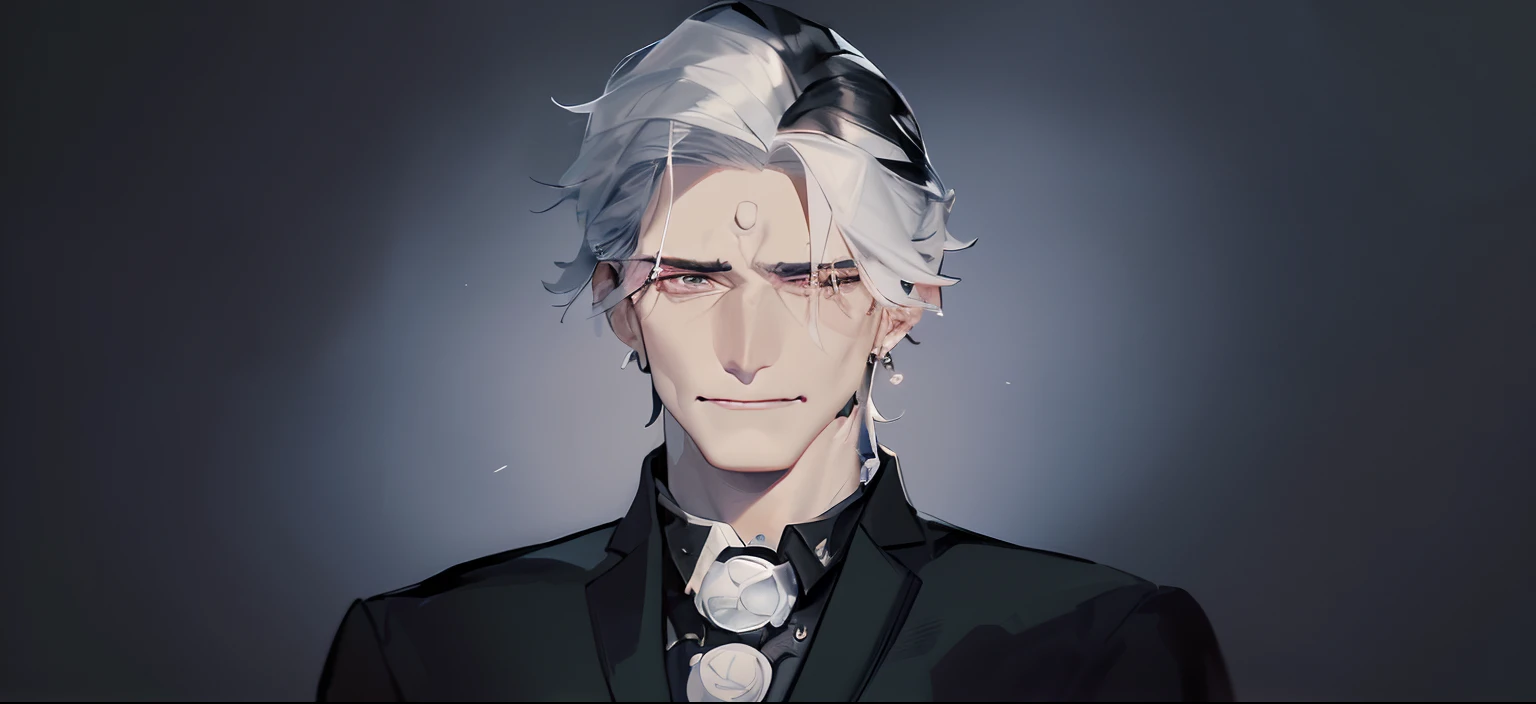 a close up of a person with a black jacket and a white shirt, he has dark grey hairs, with very highly detailed face, thancred waters in style of wlop, with fully detailed faces, male character, accurate detailed face, delicate androgynous prince, dark grey haired man, dwarf with white hair, realistic lance, character close up, detailed punk hair