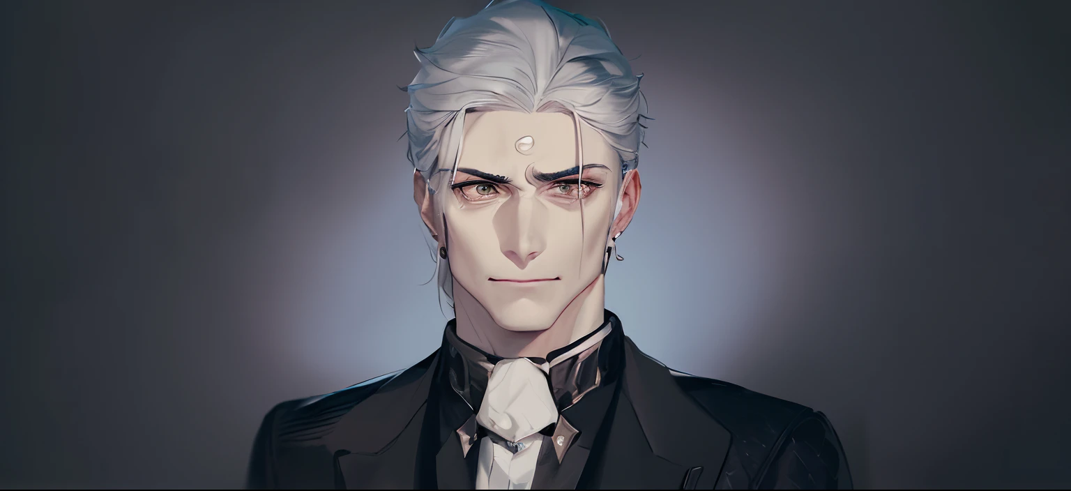 a close up of a person with a black jacket and a white shirt, he has dark grey hairs, with very highly detailed face, thancred waters in style of wlop, with fully detailed faces, male character, accurate detailed face, delicate androgynous prince, dark grey haired man, dwarf with white hair, realistic lance, character close up, detailed punk hair