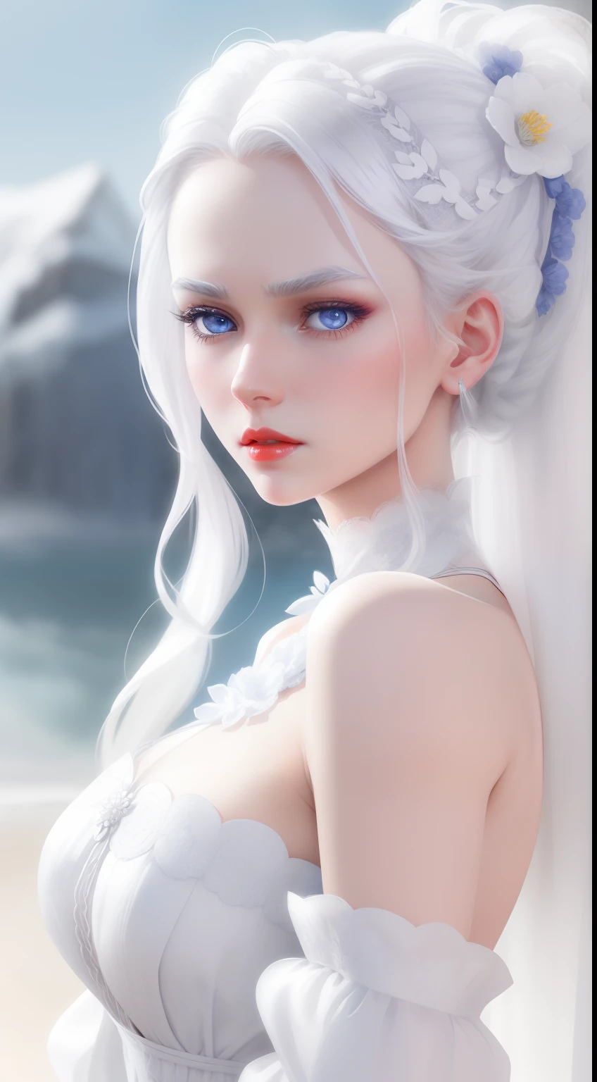 very beautiful girl, hair tied back, white hair, flower decorations in her hair, pure white skin, very detailed blue eyes, red lips, standing, slightly angry facial expression, wearing a white dress, all white, scenic background very beautiful and detailed, (very detailed), (4k ultra hd)