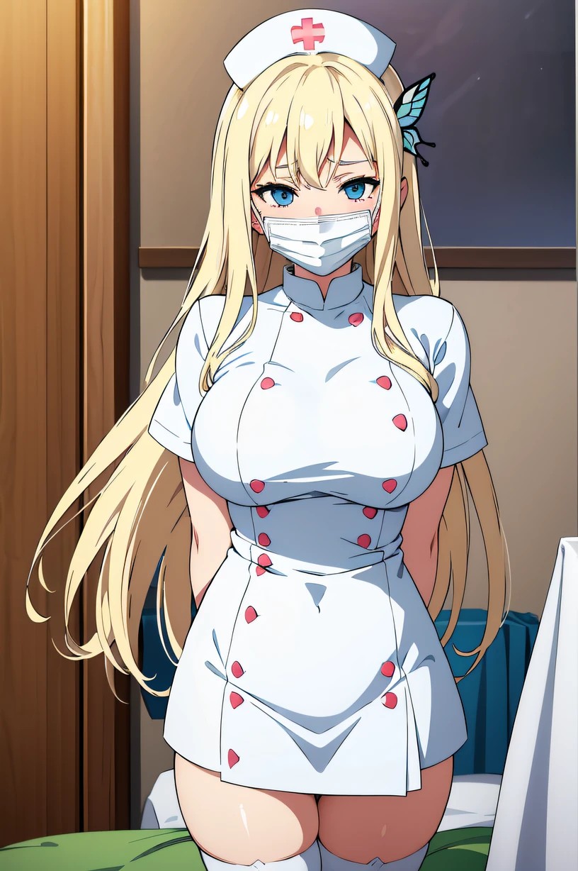 Sena Kashiwazaki, long hair, butterfly hair ornament, blonde hair, blue eyes, large breasts, solo, nurse, ((white nurse cap, white nurse's outfit)), ((white legwear, zettai ryouiki)), white gloves, ((white surgical mask, covered nose)), standing, hospital room, sharp outline, short sleeves, best quality, masterpiece