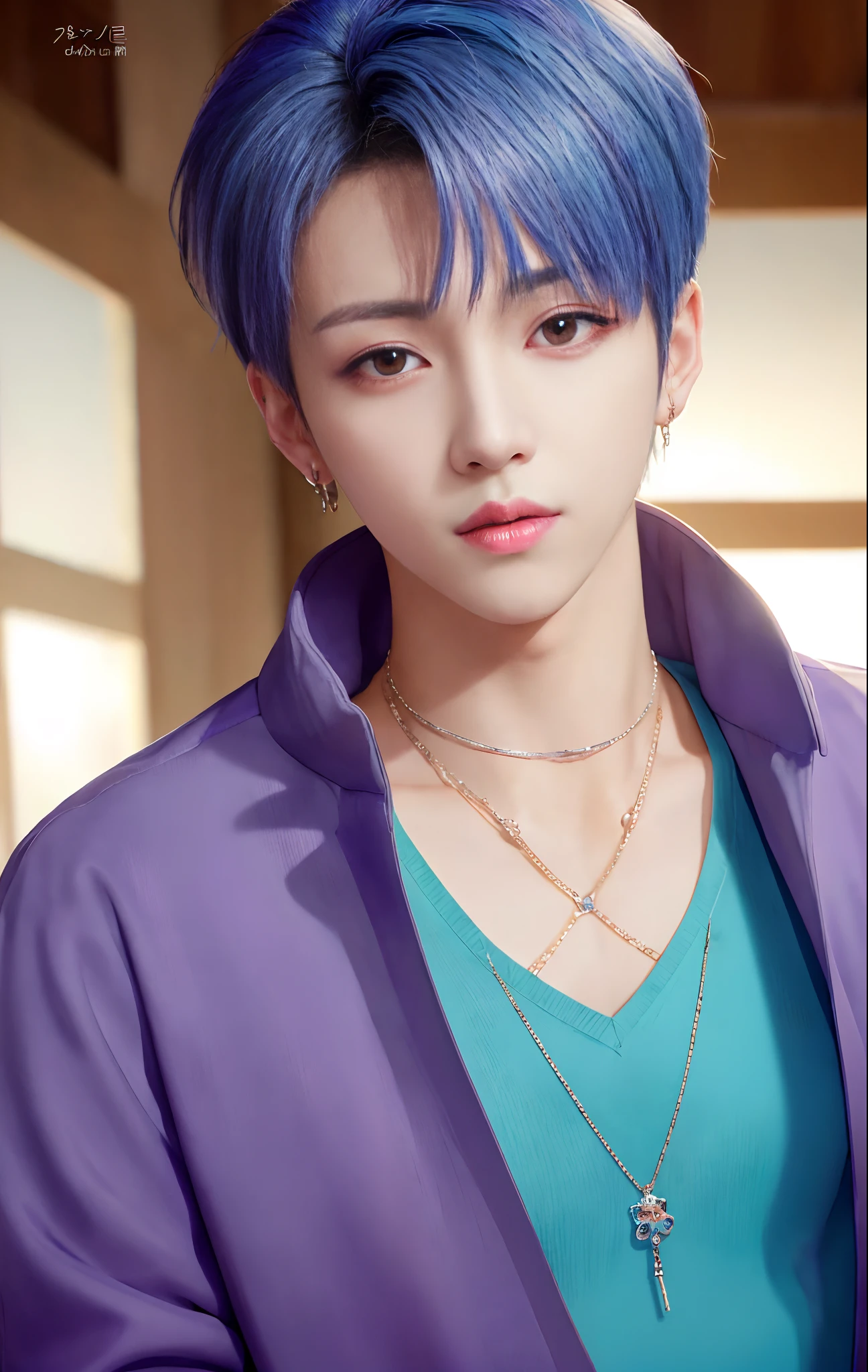 masterpiece, top-quality, 2Others, Male couple, 1 man and 1,, Adults, Height difference, different fashion, different color, finely eye and detailed face, intricate detailes, Naked, Casual clothing, white backgrounid, A smile, Happiness, tenderness, queers, Boys Love, high-level image quality、 selfee, Two beautiful men、tall、The upper part of the body、nightfall、nighttime scene、𝓡𝓸𝓶𝓪𝓷𝓽𝓲𝓬、Korean Male, Idol Photos, Model photo, k pop, Professional Photos, Vampires, Korean fashion with black pants and white Y-shirt, Fedoman with necklace, inspired by Sim Sa-jeong, androgynous vampire, :9 detailed face: 8, extra detailed face, detailed punk hair, ((eyes are brown)) baggy eyes, Seductive. Highly detailed, semi realistic anime, Vampires, hyperrealistic , delicate androgynous prince, imvu, short hair above the ears, Man with short hair, With a purple-haired man with a wild expression, Man with light blue hair with gentle expression, ((With a short-haired man with bright purple hair)), ((Man with light blue hair)), Take off your shirt and pose