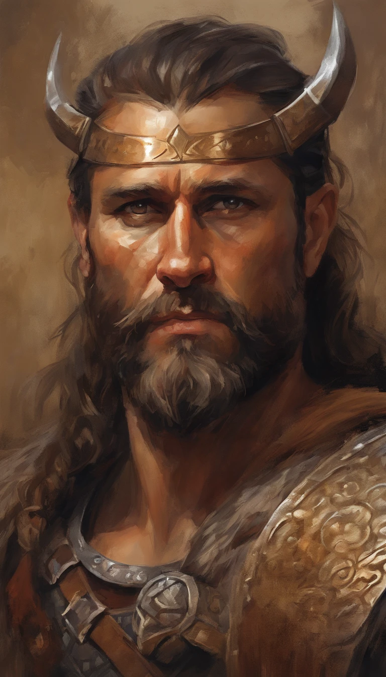 Um homem com uma roupa marrom com uma espada, Personagem altamente detalhado, guerreiro viking, epic viking king, Ancient Scandinavian epic hero, musculoso de cabelos longos com tatuagem filipino deus da guerra, estilo modelshoot, (papel de parede CG 8k extremamente detalhado), Foto corporal da obra de arte mais bonita do mundo, armadura medieval, retrato corporal, Nimrod, the first king of Babylon, hunterxhunter, barbarous, Macho, majestic professional oil painting by Ed Blinky, Atey Ghailan, ghibli studio, Directed by: Jeremy Mann, Greg Manxadinho, Antonio Moro, trending in artstation, trend in CGSociety, intrincado, High detail, foco nítido, dramatic and photorealistic painting by Midjourney and Greg Rutkowski (((altura curta)))