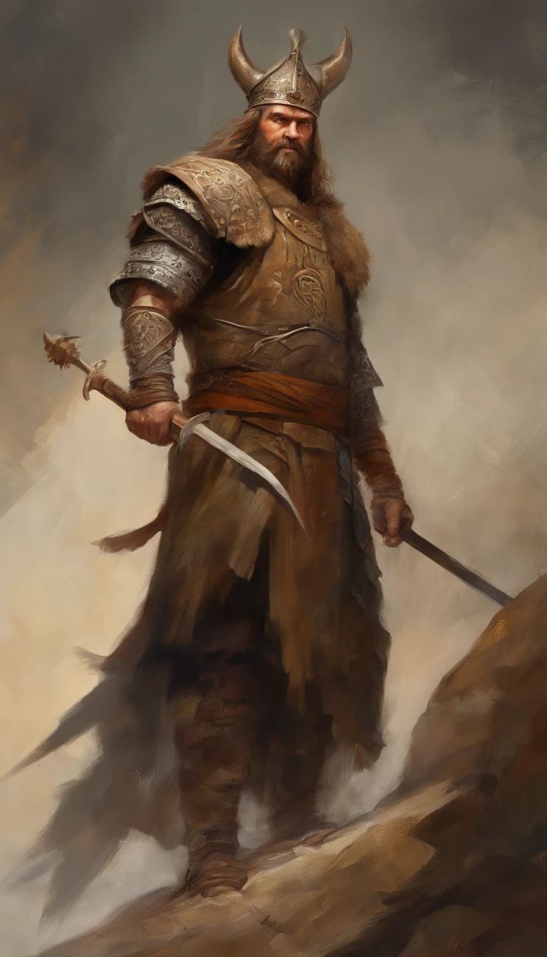 Um homem com uma roupa marrom com uma espada, Personagem altamente detalhado, guerreiro viking, epic viking king, Ancient Scandinavian epic hero, musculoso de cabelos longos com tatuagem filipino deus da guerra, estilo modelshoot, (papel de parede CG 8k extremamente detalhado), Foto corporal da obra de arte mais bonita do mundo, armadura medieval, retrato corporal, Nimrod, the first king of Babylon, hunterxhunter, barbarous, Macho, majestic professional oil painting by Ed Blinky, Atey Ghailan, ghibli studio, Directed by: Jeremy Mann, Greg Manxadinho, Antonio Moro, trending in artstation, trend in CGSociety, intrincado, High detail, foco nítido, dramatic and photorealistic painting by Midjourney and Greg Rutkowski (((altura curta)))