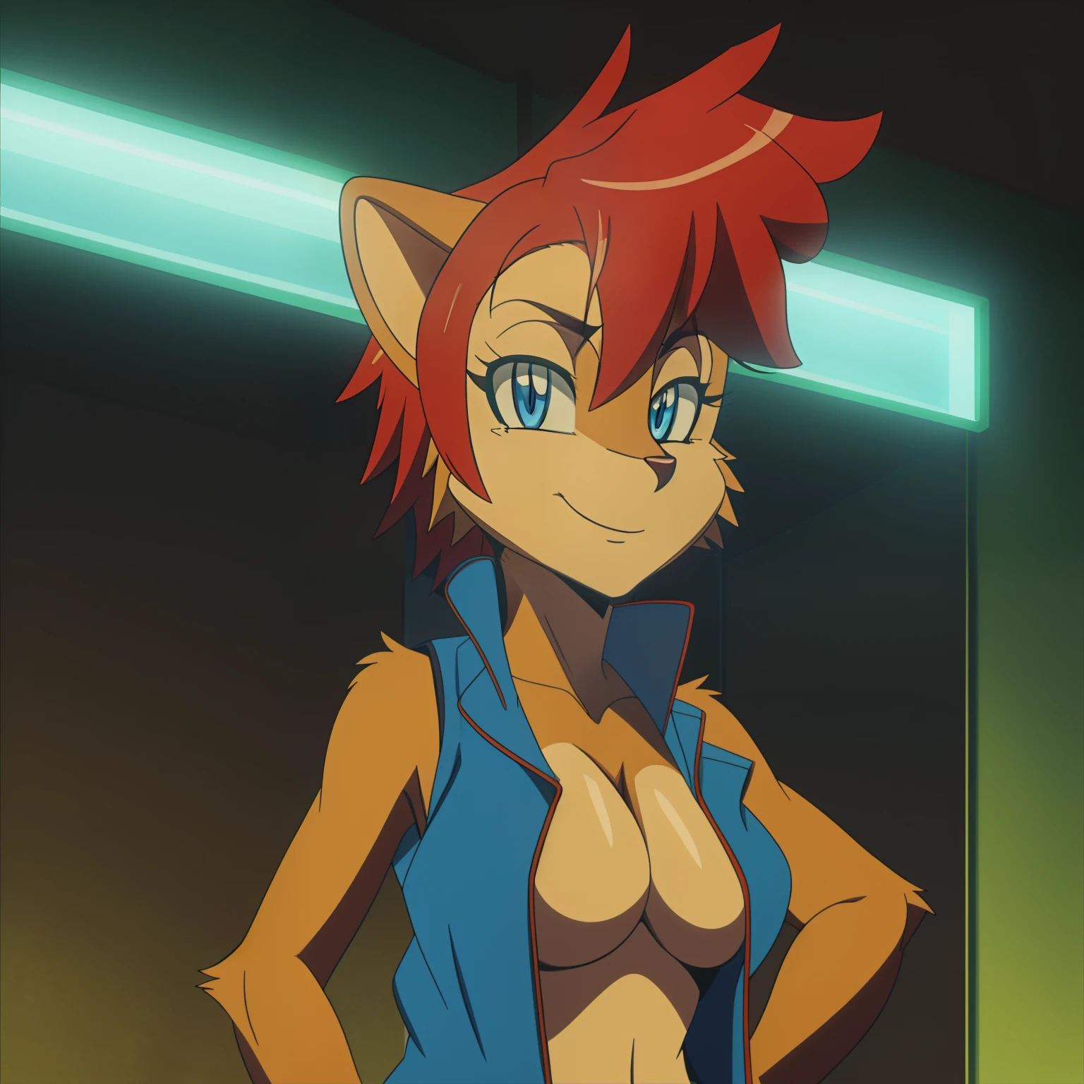 (uploaded on e621) (((by nitro, by marthedog, by naoto oshima))), (masterpiece, best quality:1.2) (((1girl))), solo, breasts, looking at viewer, blue eyes, huge breasts, two-toned fur, bodyfur, topless, bottomless, vest, (((((blue vest)))), sleeveless, hands on hips, brown fur, yellow fur, snout, animal ears, red hair, short hair, bangs, long eyelashes, Sally Acorn, open clothes, short tail, nippleless, bare chest,anime screencap,highschoolofthedead,style,parody,upper body focus, seductive smile