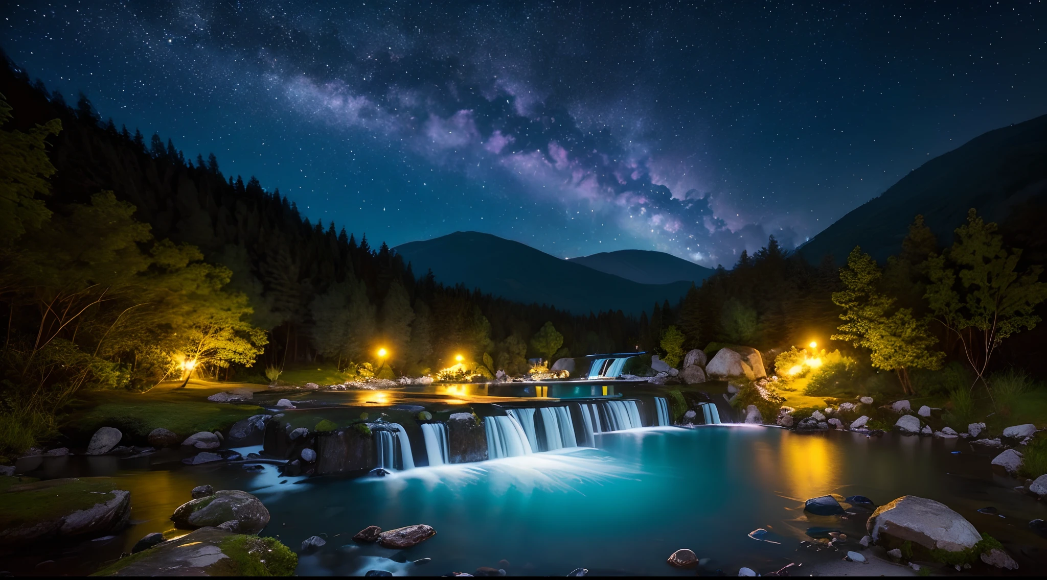 fotografia de paisagem expansiva, montanhas distantes, magical montagas with waterfall of bright waters, illuminated water, (a view from below that shows the sky above and the open field below),  (lua cheia: 1.2), (estrelas cadentes: 0.9), (nebulosa: 1.3), montanha distante , (fonte de luz quente: 1.2), (Firefly: 1.2), lamp, muito roxo, detalhes complexos, volumeric lighting  (obra-prima: 1.2), (melhor qualidade), 4k, ultradetalhado , (dynamic compositing: 1.4), detalhes coloridos altamente detalhados (cores iridescentes: 1.2), (bright illumination, Atmospheric Illumination), sonhador, magica, (solo: 1.2)