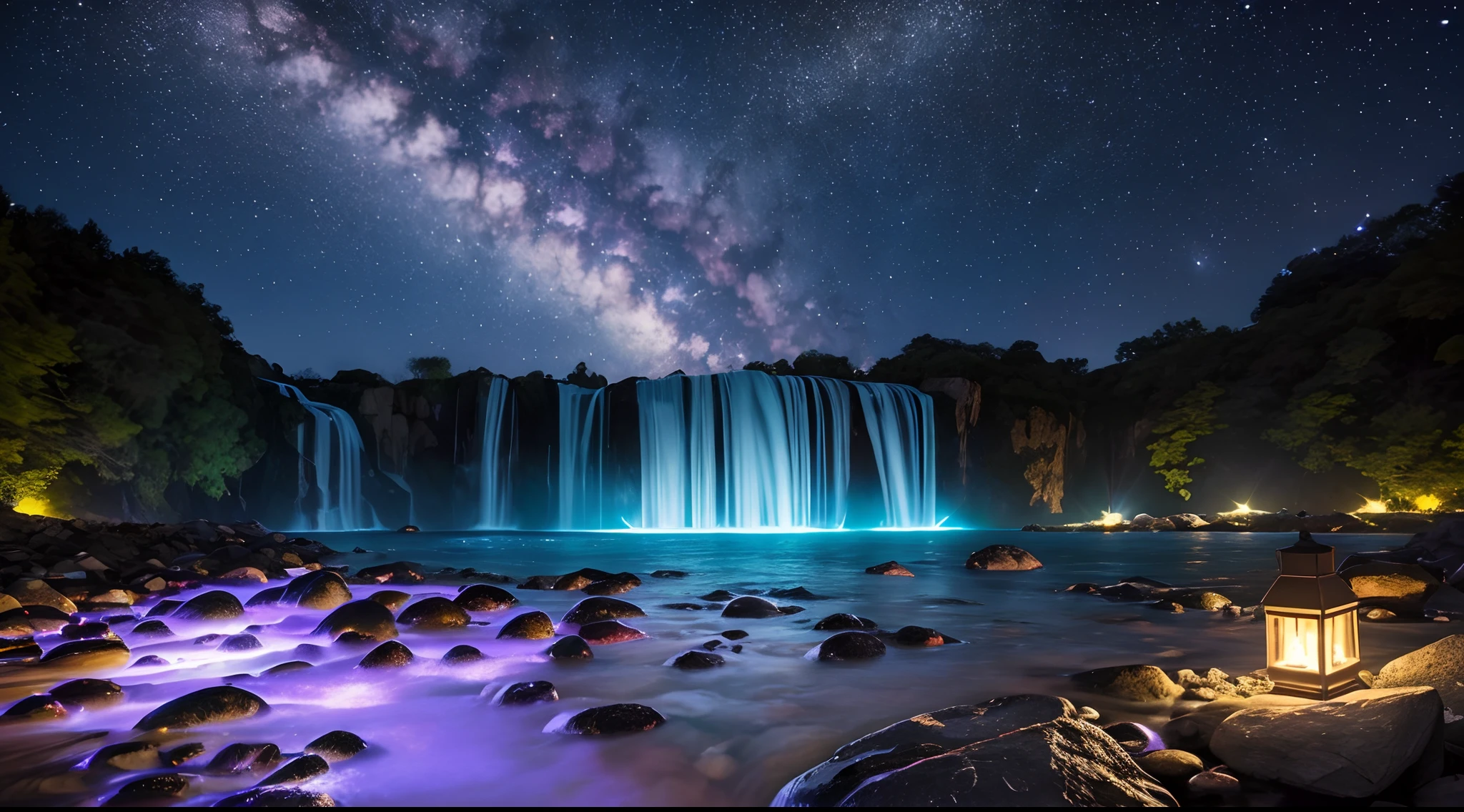 fotografia de paisagem expansiva, montanhas distantes, magical montagas with waterfall of bright waters, illuminated water, (a view from below that shows the sky above and the open field below),  (lua cheia: 1.2), (estrelas cadentes: 0.9), (nebulosa: 1.3), montanha distante , (fonte de luz quente: 1.2), (Firefly: 1.2), lamp, muito roxo, detalhes complexos, volumeric lighting  (obra-prima: 1.2), (melhor qualidade), 4k, ultradetalhado , (dynamic compositing: 1.4), detalhes coloridos altamente detalhados (cores iridescentes: 1.2), (bright illumination, Atmospheric Illumination), sonhador, magica, (solo: 1.2)