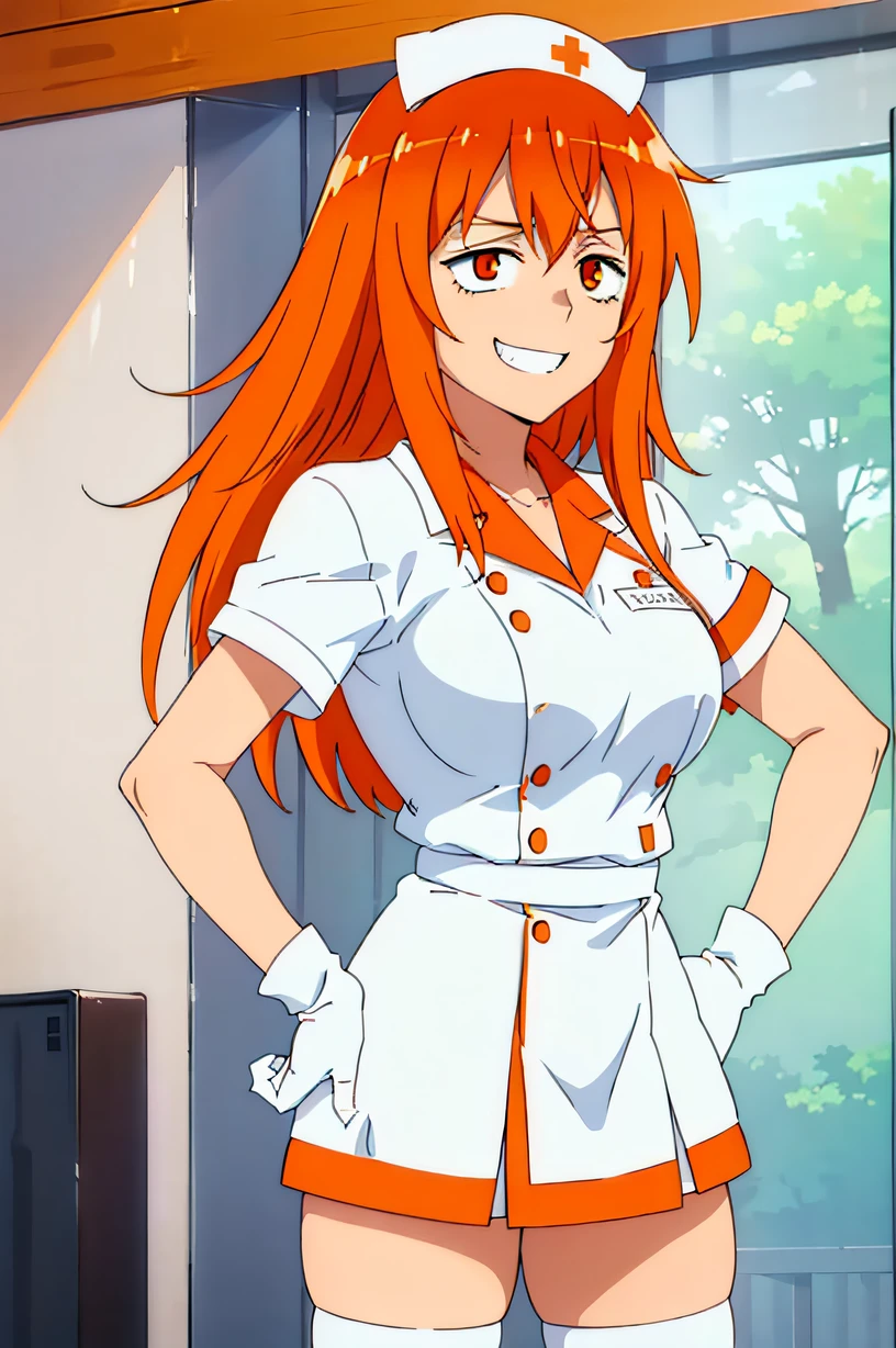 Gamo Chan, long hair, orange hair, orange eyes, large breasts, solo, nurse, ((white nurse cap, white nurse's outfit)), ((white legwear, zettai ryouiki)), white gloves, evil smile, standing, hospital room, sharp outline, short sleeves, best quality, masterpiece