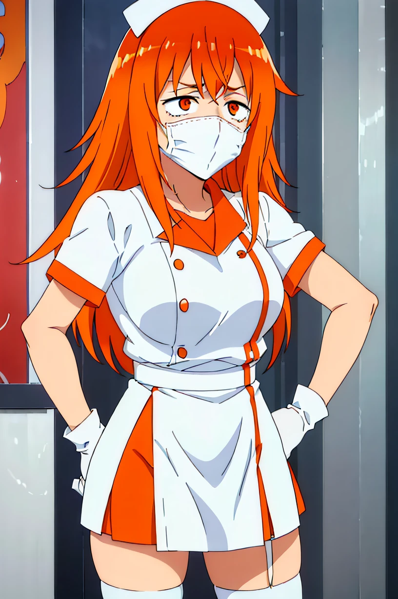 Gamo Chan, long hair, orange hair, orange eyes, large breasts, solo, nurse, ((white nurse cap, white nurse's outfit)), ((white legwear, zettai ryouiki)), white gloves, ((white surgical mask, covered nose)), standing, hospital room, sharp outline, short sleeves, best quality, masterpiece