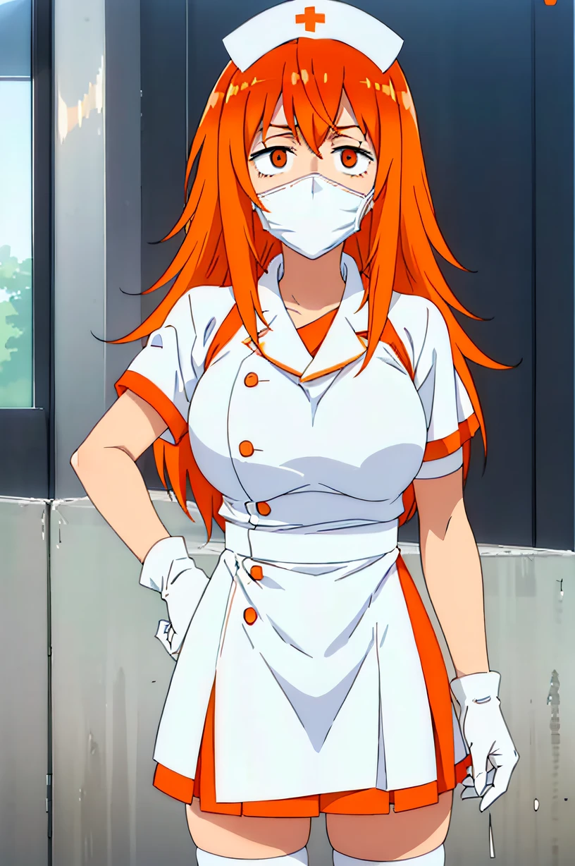 Gamo Chan, long hair, orange hair, orange eyes, large breasts, solo, nurse, ((white nurse cap, white nurse's outfit)), ((white legwear, zettai ryouiki)), white gloves, ((white surgical mask, covered nose)), standing, hospital room, sharp outline, short sleeves, best quality, masterpiece