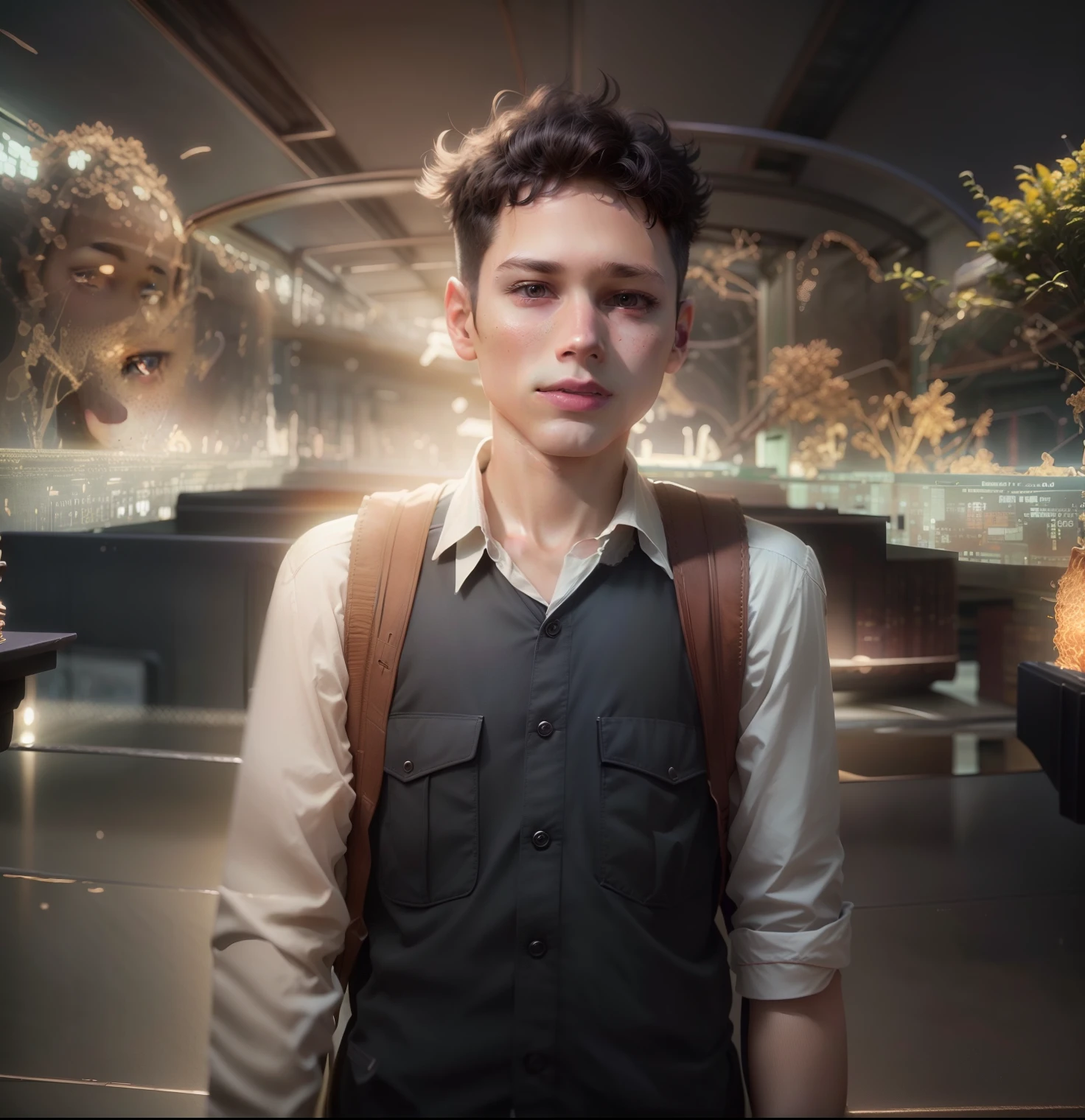 Boy in library futuristic background realistic face 8k ultra high quality