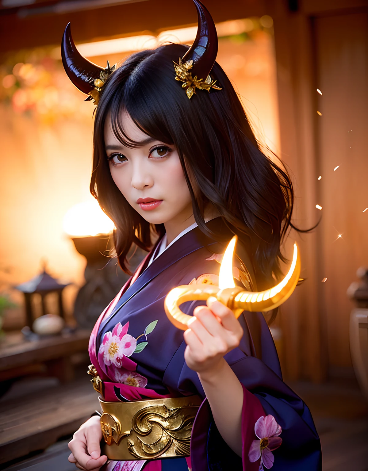 ((World of Darkness)),Professional , ​masterpiece、top-quality、photos realistic , depth of fields 、（Maiko's hairstyle）、(Background of cherry blossoms in full bloom),（Ultimate Beauty）、A dark-haired、（Fight ninjas)、（Kimono with beautiful pattern）、（Night background）、（（a dark night））,(Wear a beautiful kimono),（Wear a beautiful kimono with colorful floral patterns）、Jewel Gold Weapon、Particles of light),（Has a devil's mask）、Gorgeous gold weapons ,（（ Gorgeous Dragon Sword）） , （a dark night）,,（maikurobikini） 、（（Black Haired Beautiful Girl））、（Castle background）、（demonic wings）、（（Gangle's forest background））、Beautiful Caucasian beauty、１a person、dynamic ungle,(((Two devil's horns on the head)))、Smaller head、Idle Smile、Thin and beautiful female hands、Mystical expression、Light Effects、intense fighting、Wind-effect、magic circles、With the legendary magic wand、Dragon's tail、Anatomically correct body、