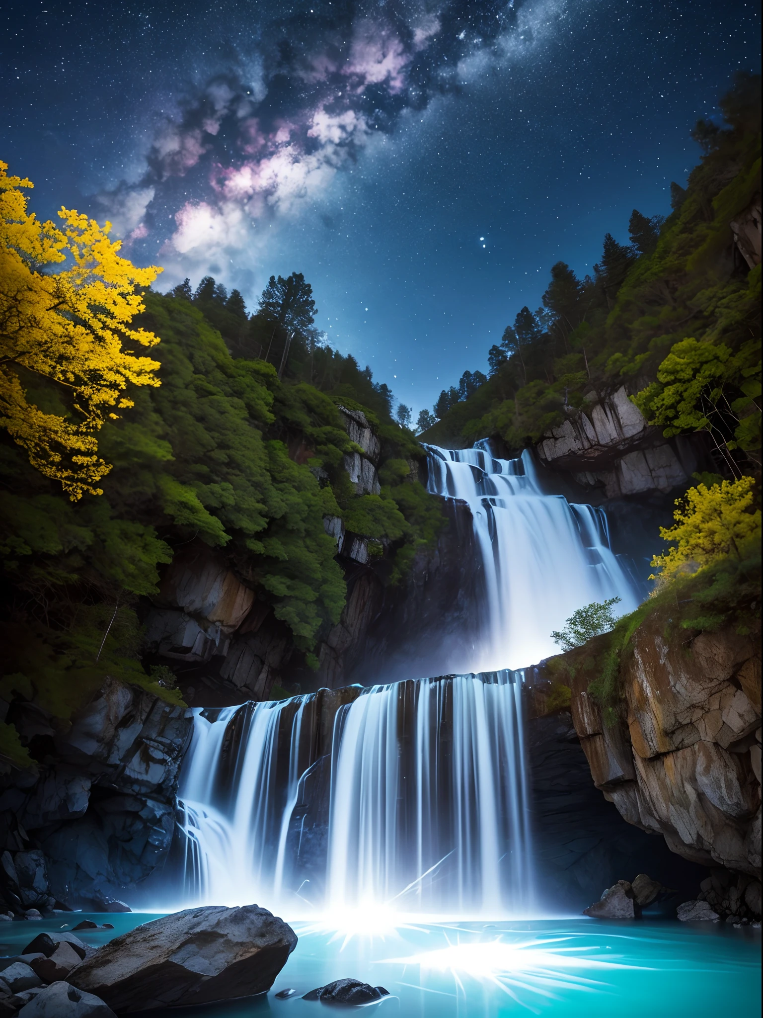 fotografia de paisagem expansiva, montanhas distantes, magical montagas with waterfall of bright waters, illuminated water, (a view from below that shows the sky above and the open field below), (lua cheia: 1.2), (estrelas cadentes: 0.9), (nebulosa: 1.3), montanha distante , (fonte de luz quente: 1.2), (Firefly: 1.2), lamp, muito roxo, detalhes complexos, volumeric lighting (obra-prima: 1.2), (melhor qualidade), 4k, ultradetalhado , (dynamic compositing: 1.4), detalhes coloridos altamente detalhados (cores iridescentes: 1.2), (bright illumination, Atmospheric Illumination), sonhador, magica, (solo: 1.2)