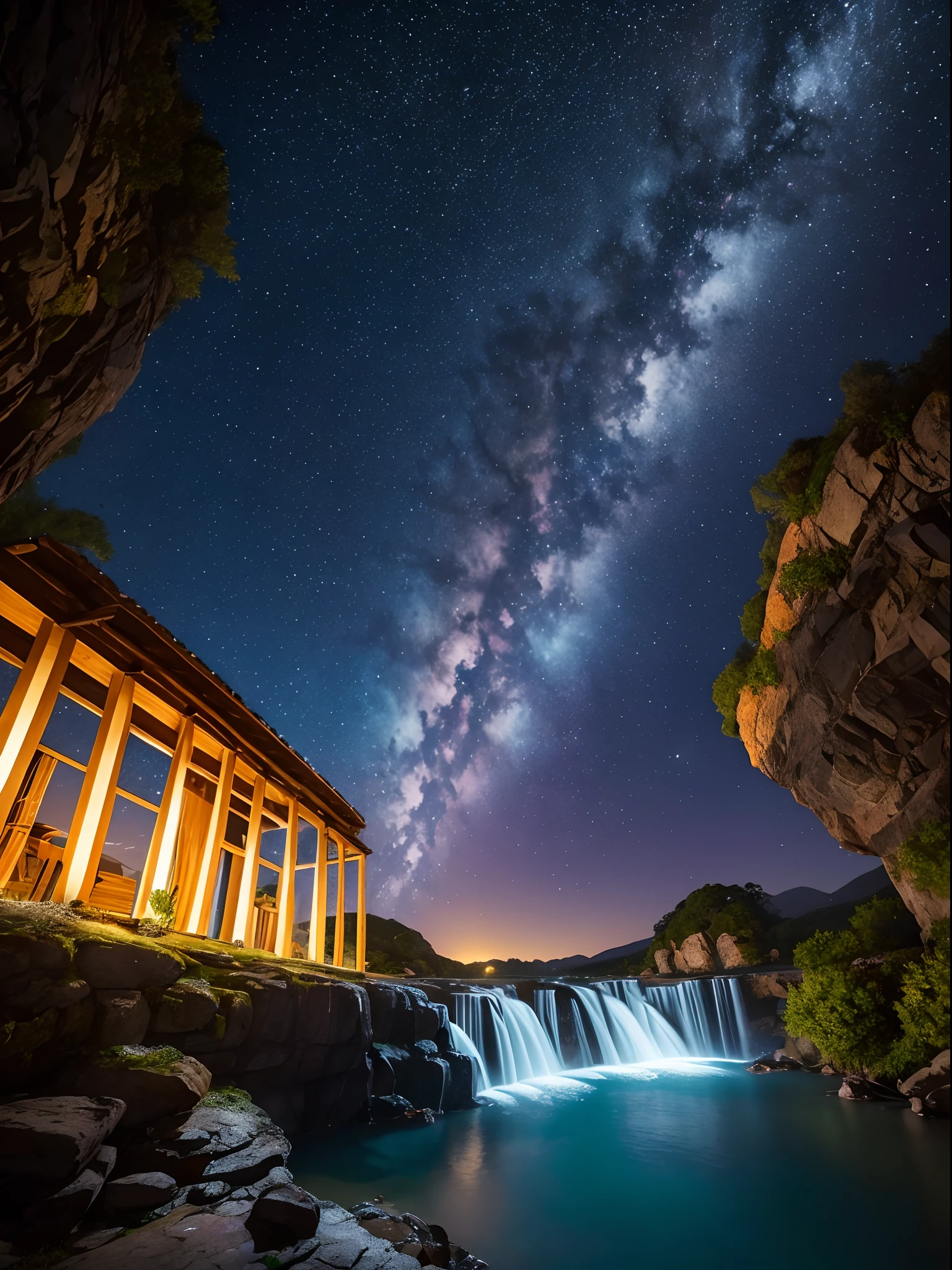 fotografia de paisagem expansiva, montanhas distantes, magical montagas with waterfall of bright waters, illuminated water, (a view from below that shows the sky above and the open field below), (lua cheia: 1.2), (estrelas cadentes: 0.9), (nebulosa: 1.3), montanha distante , (fonte de luz quente: 1.2), (Firefly: 1.2), lamp, muito roxo, detalhes complexos, volumeric lighting (obra-prima: 1.2), (melhor qualidade), 4k, ultradetalhado , (dynamic compositing: 1.4), detalhes coloridos altamente detalhados (cores iridescentes: 1.2), (bright illumination, Atmospheric Illumination), sonhador, magica, (solo: 1.2)