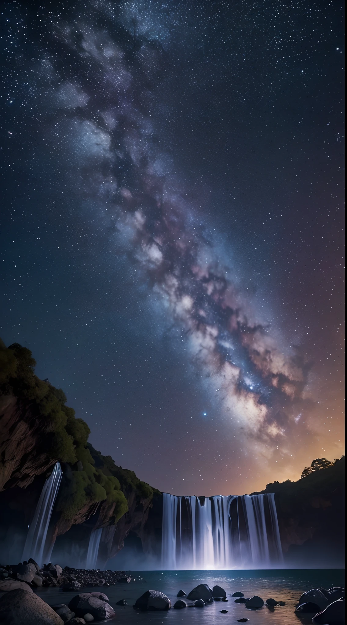 fotografia de paisagem expansiva, montanhas distantes, magical montagas with waterfall of bright waters, illuminated water, (a view from below that shows the sky above and the open field below), (lua cheia: 1.2), (estrelas cadentes: 0.9), (nebulosa: 1.3), montanha distante , (fonte de luz quente: 1.2), (Firefly: 1.2), lamp, muito roxo, detalhes complexos, volumeric lighting (obra-prima: 1.2), (melhor qualidade), 4k, ultradetalhado , (dynamic compositing: 1.4), detalhes coloridos altamente detalhados (cores iridescentes: 1.2), (bright illumination, Atmospheric Illumination), sonhador, magica, (solo: 1.2)