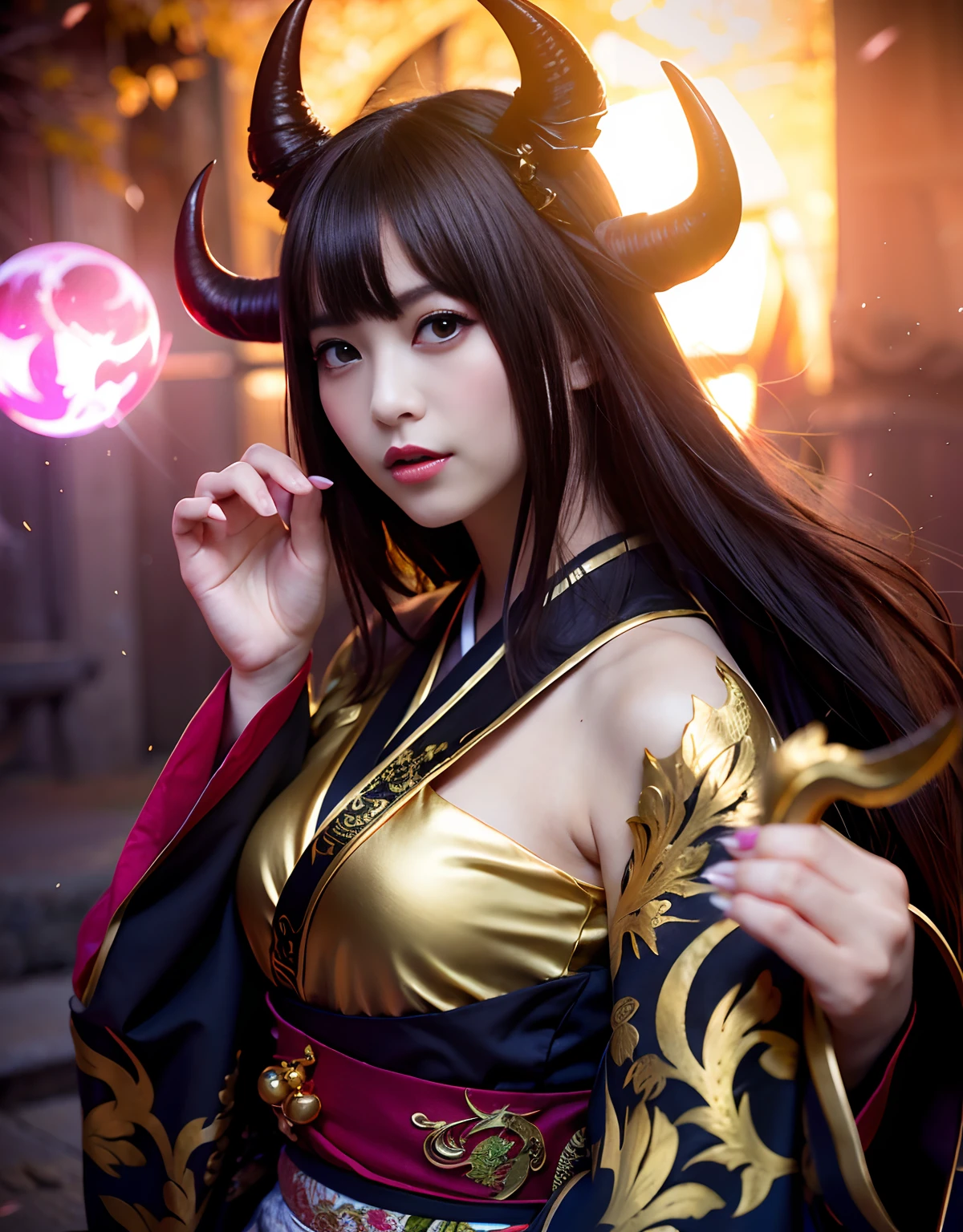 ((World of Darkness)),Professional , masterpiece、top-quality、photos realistic , depth of fields 、(sexypose)、(Black maple on the background of full bloom),(Ultimate Beauty)、A dark-haired、(shrine background)、(Kimono with beautiful pattern)、(Night background)、Beautiful hair ornament on the head、((Precipitous cliffs)),(Wear a beautiful kimono),(Wear a beautiful kimono with colorful floral patterns)、(Japan Castle Background)、Jewel Gold Weapon、Particles of light),(Wearing a wizard's hat)、Gorgeous gold weapons ,Castle background、(( Gorgeous Dragon Sword)) , (a dark night),,(maikurobikini) 、((Black Haired Beautiful Girl))、(Castle background)、(demonic wings)、((Gangle's forest background))、Beautiful Caucasian beauty、1a person、dynamic ungle,(((Two devil's horns on the head)))、Smaller head、Idle Smile、Thin and beautiful female hands、Mystical expression、Light Effects、intense fighting、Wind-effect、magic circles、With the legendary magic wand、Dragon's tail、