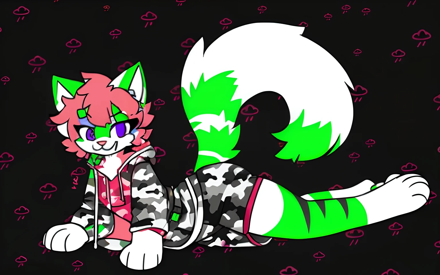 short, droopy red space slime cat, hair is short, fangs, a pair of green stripes on arms and legs, her paws has only 3 fingers, fluffy tail, that lays on the floor, wearing laytex camo raincoat with matching shorts