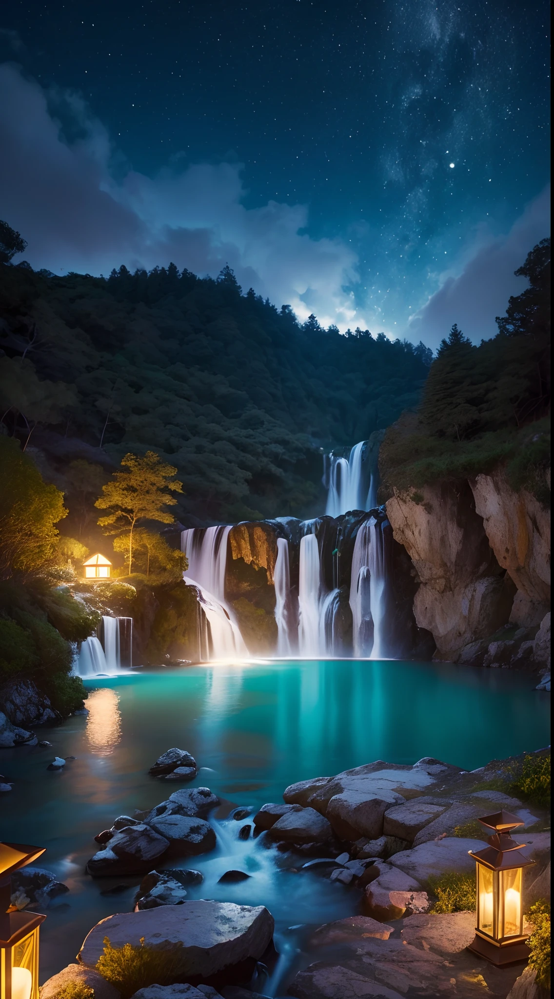 fotografia de paisagem expansiva, montanhas distantes, magical montagas with waterfall of bright waters, illuminated water, (a view from below that shows the sky above and the open field below), (lua cheia: 1.2), (estrelas cadentes: 0.9), (nebulosa: 1.3), montanha distante , (fonte de luz quente: 1.2), (Firefly: 1.2), lamp, muito roxo, detalhes complexos, volumeric lighting (obra-prima: 1.2), (melhor qualidade), 4k, ultradetalhado , (dynamic compositing: 1.4), detalhes coloridos altamente detalhados (cores iridescentes: 1.2), (bright illumination, Atmospheric Illumination), sonhador, magica, (solo: 1.2)