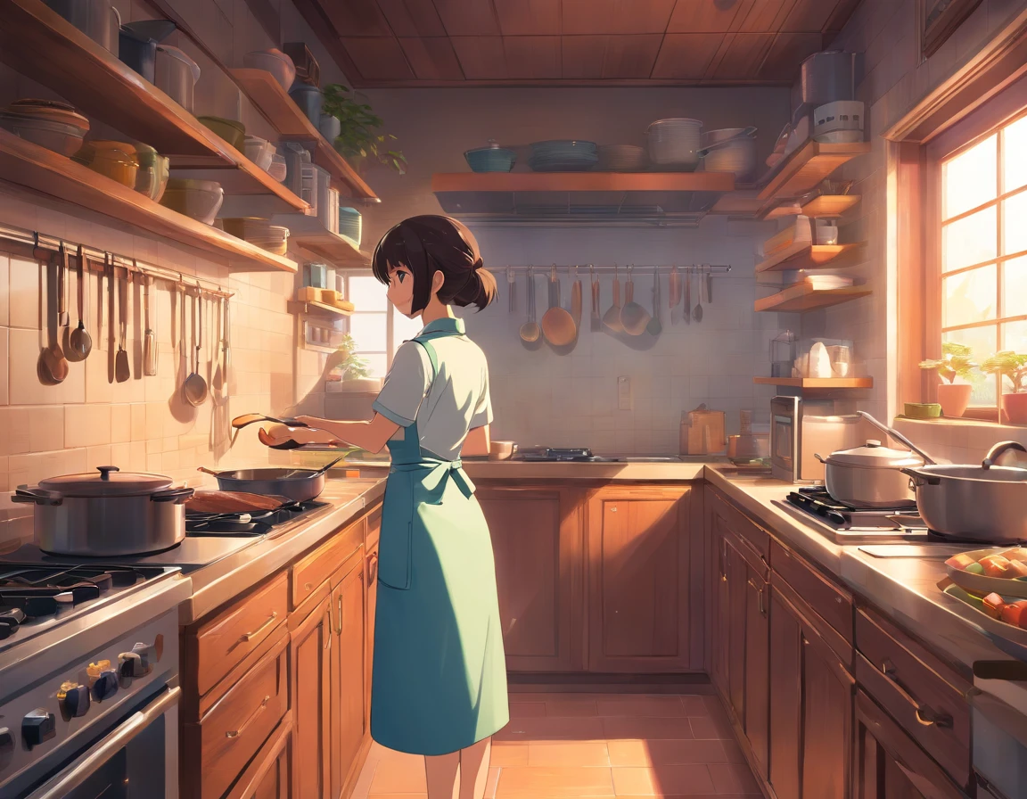 Interior Design Asian Kitchen with Girl Cooking, She is Yong female wearing apron