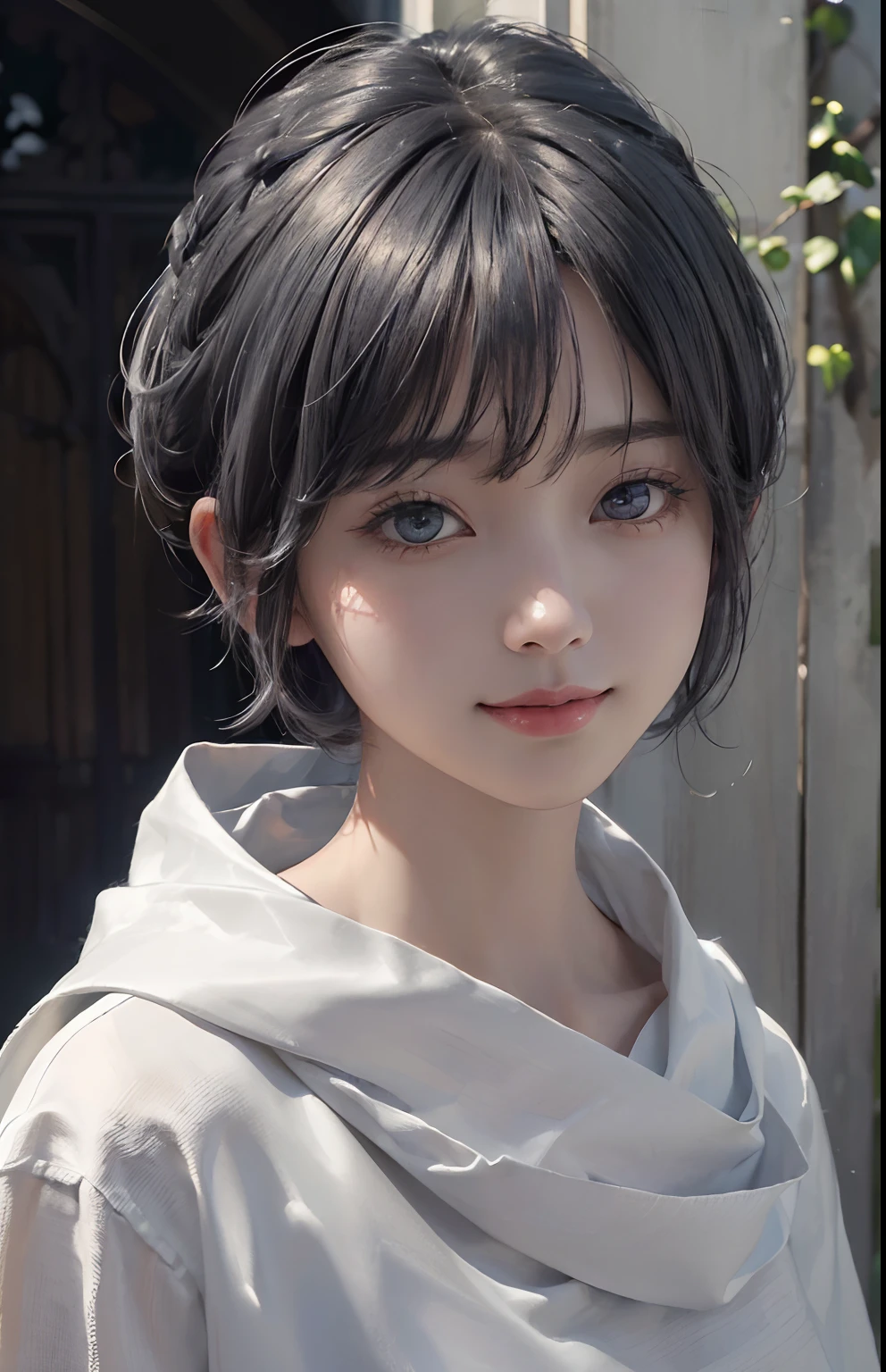 (A hyper-realistic)、(illustratio)、(hight resolution)、(8K)、(ighly detailed)、(Best Illustration)、(beautifully detailed eyes)、(top-quality)、(ultra-detailliert)、(masterpiece)、(wall-paper)、(A detailed face)、独奏、1 girl in、looking at viewert、fine detailed、A detailed face、in the darkness nigth、deep-shadows、lowkey、pureerosfaceace_v1、A smile、pixie cut、white Shawl、46-point diagonal bangs、gray hair