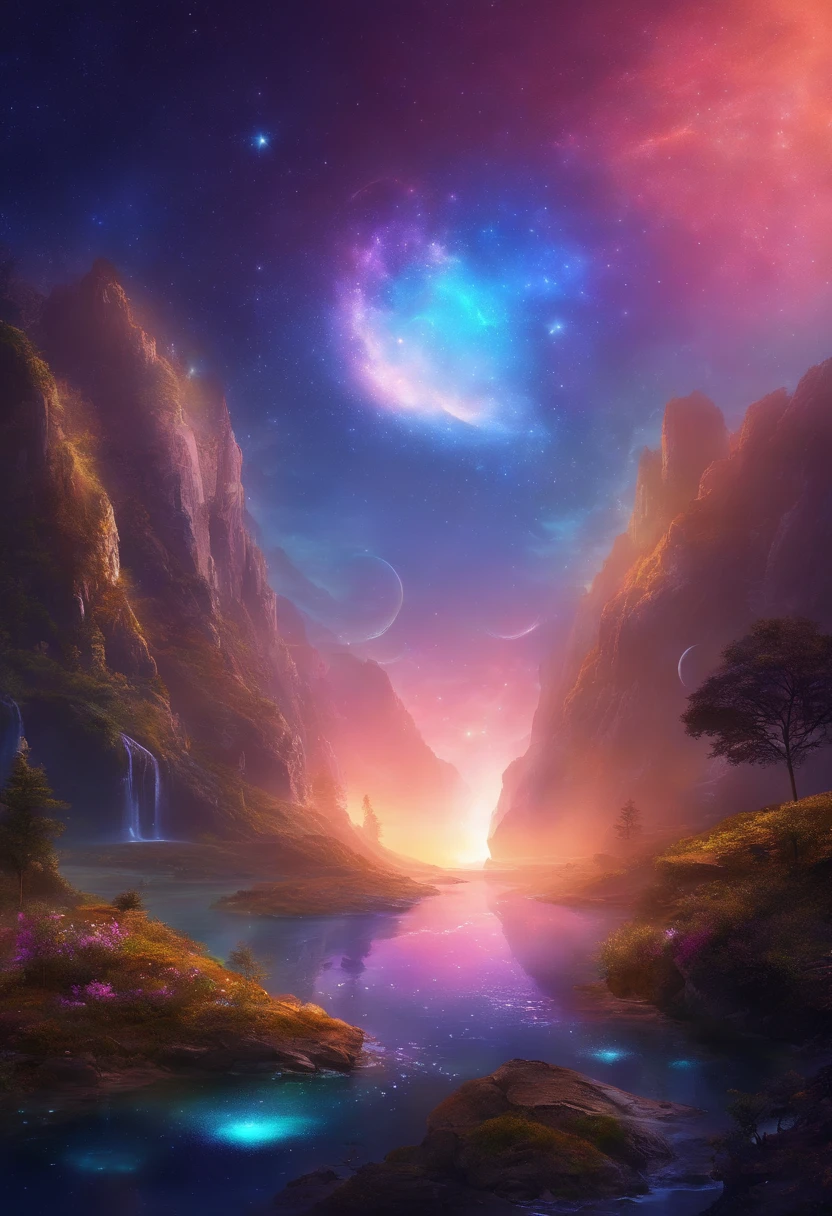 fotografia de paisagem expansiva, montanhas distantes, magical montagas with waterfall of bright waters, illuminated water, (a view from below that shows the sky above and the open field below), (lua cheia: 1.2), (estrelas cadentes: 0.9), (nebulosa: 1.3), montanha distante , (fonte de luz quente: 1.2), (Firefly: 1.2), lamp, luz roxa e azul neon,luzes magicasm detalhes complexos, volumeric lighting (obra-prima: 1.2), (melhor qualidade), 4k, ultradetalhado , (dynamic compositing: 1.4), detalhes coloridos altamente detalhados (cores iridescentes: 1.2), (bright illumination, Atmospheric Illumination), sonhador, magica, (solo: 1.2)