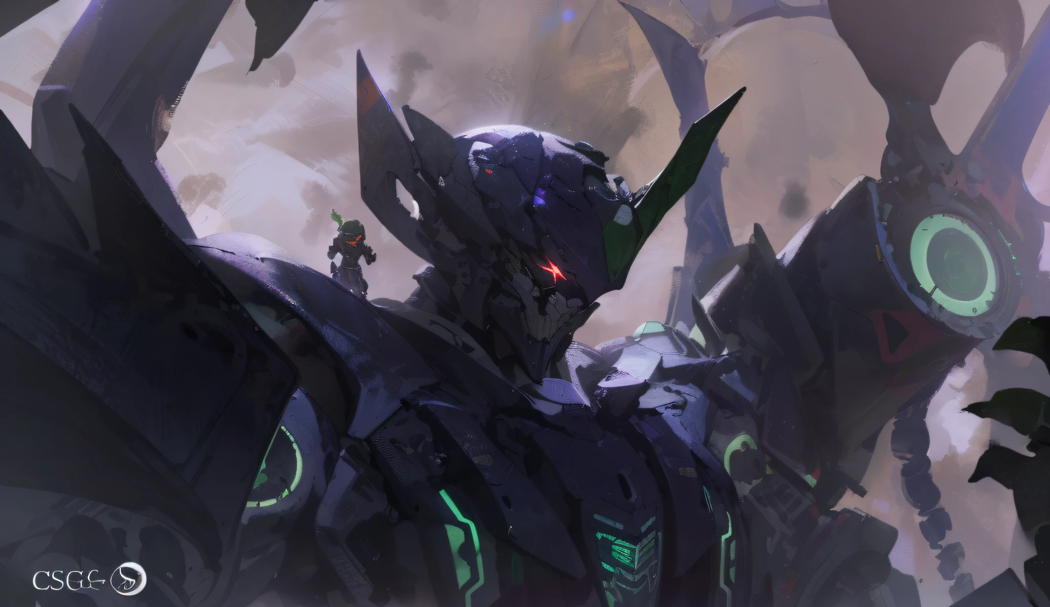 (Best quality, A high resolution, Masterpiece:1.2), Ultra-detailed, realisticlying, A large mech with glowing eyes, A little girl stood on its shoulder, Metallic, cg render，Metal details，contrast of light and shadow，lightand shade contrast，Sense of oppression