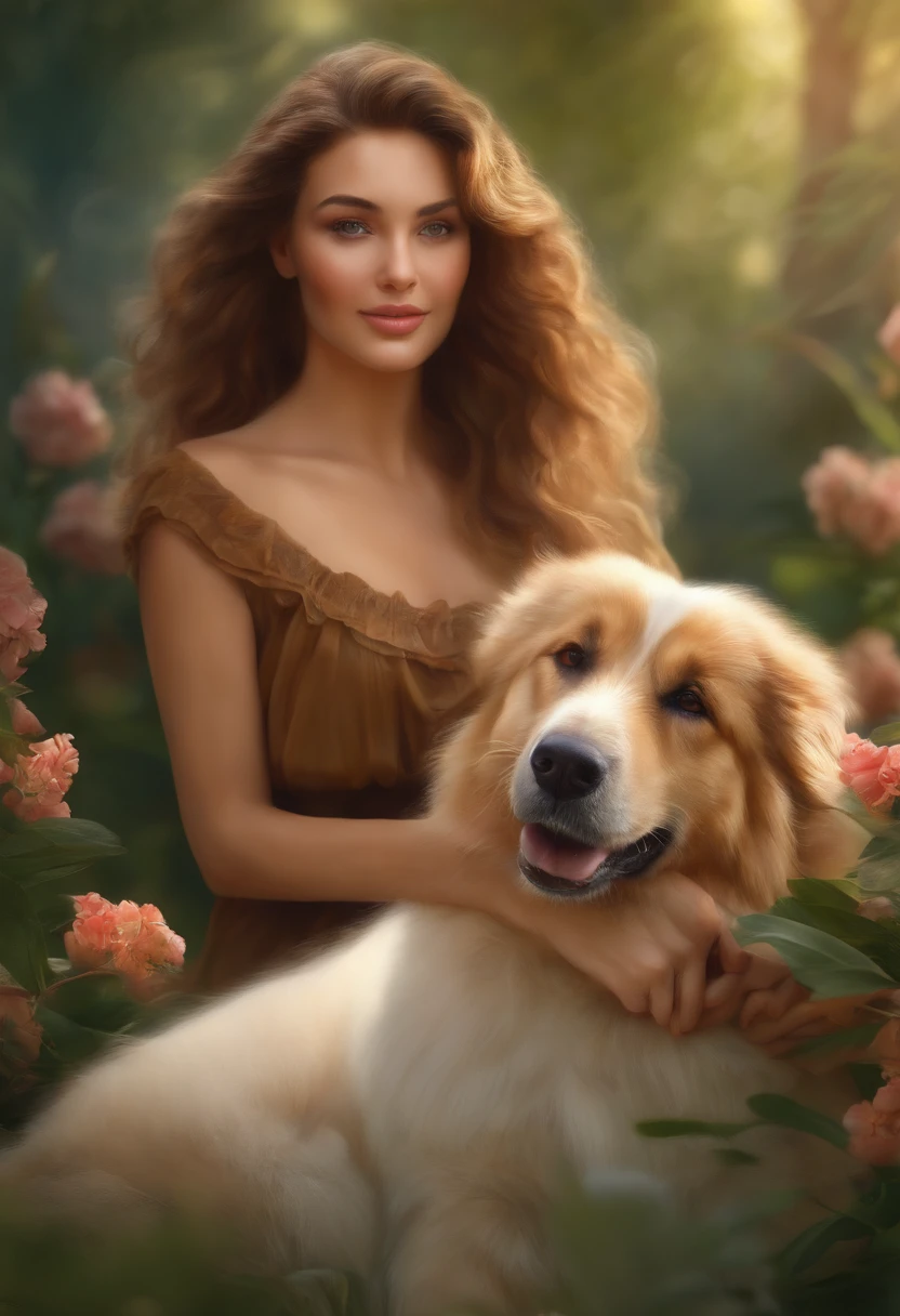 (best quality,4k,8k,highres,masterpiece:1.2),ultra-detailed,(realistic,photorealistic,photo-realistic:1.37),beautiful detailed brown curly hair,white woman,adorable German Shepherd puppy,feminine and captivating features,expressive eyes and lips,delicate facial features,ethereal garden setting,soft and vibrant colors,romantic and dreamy lighting,fine brushwork,detailed rendering of hair and fur,artistic illustration,paint strokes,harmonic composition,natural and organic elements,peaceful and serene atmosphere,tranquil mood,playful interaction between the woman and the puppy,tender bond and connection,carefree and joyful expression,subtle sunlight filtering through the leaves,dappled shadows,whispering breeze,floral patterns on the woman's dress and surroundings,lush vegetation,enchanted garden,overflowing with blossoming flowers and plants,thoughtful gaze and uplifting smile,freedom and happiness,harmony between nature and human existence.