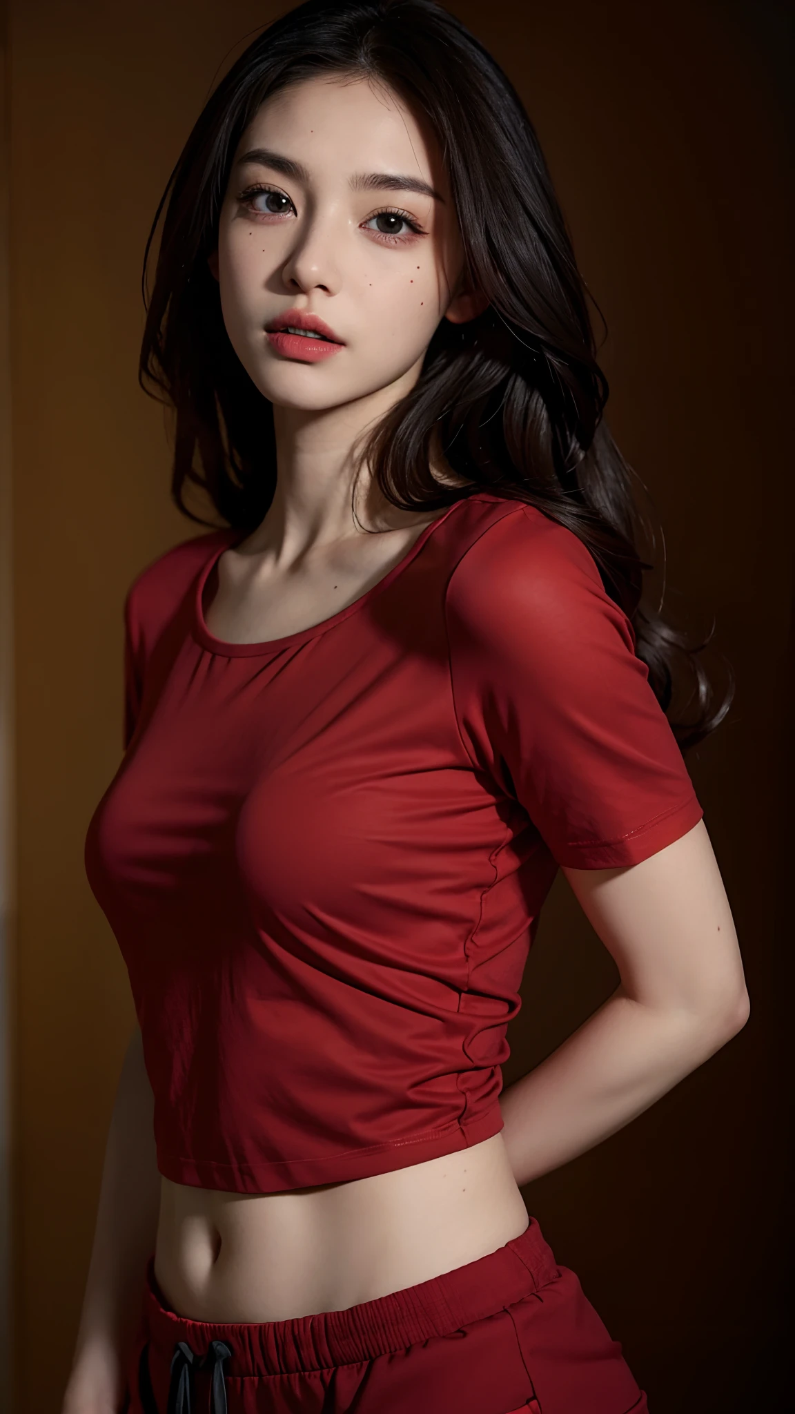 hyperrealistic, illustration, high resolution, 8K, extremely detailed, best illustration, beautiful detailed eyes, best quality, super detailed, masterpiece, wallpaper, detailed face, solo, 1 girl, black wavy hair, korean, heterochromic eyes, small moles under the eyes, red t-shirt top, pants underneath, tight abs, no chest leakage, background park, attractive pose,