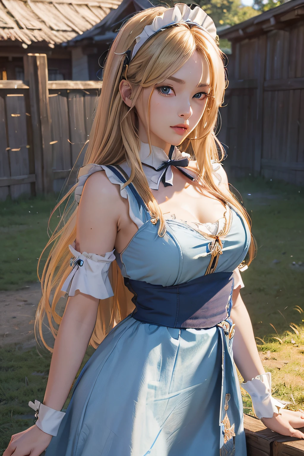 Marie rose, Blonde hair, ((16year old)), hair((wavy, blonde)), eyes((smart eyes, blue)), clothes((see through clothes, ribbon trim, pink, pink)), accessories ((hair pin)), ponytail, oppai, large breast, gigantic boobs, open mouth, smiling, horse stable, nipple slip, Curly hair, wavy hair, ((Sagging breast:1.3))