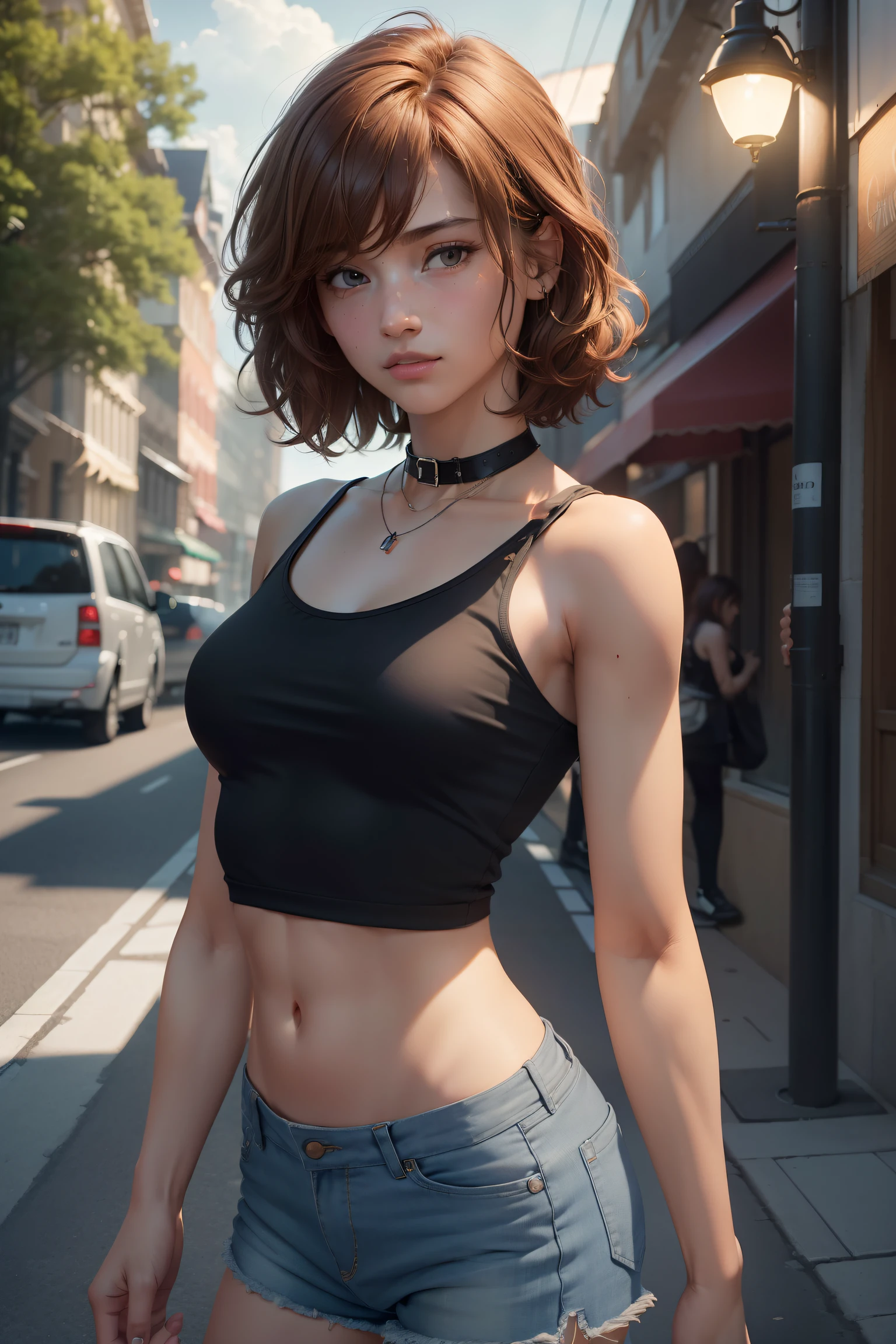 ((Small breasts))), ((Tomboy, small head)), Sunlight, Nikko, (Chiseled abs: 1.1), (Perfect body: 1.1), (Short wavy hair: 1.2), Reddish brown hair, collar, chain, full body shot, crowded street, no top, nude, jeans jacket, (((Shorts)), seaside, beach, (Highly detailed CG 8k wallpaper), ( Very delicate and beautiful), (masterpiece), (Best Quality: 1.0), (Ultra High Definition: 1.0), Beautiful lighting, perfect lightning, realistic shadows, [High Definition], Detailed skin, Ultra detailed