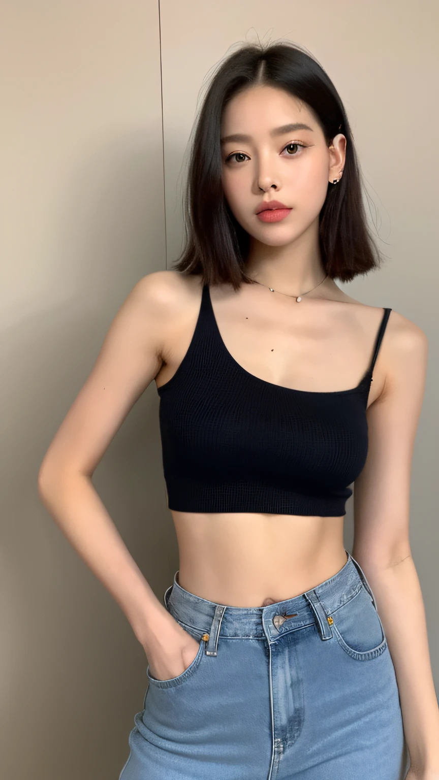 mature women, uesaka sumire, brown long hair, dark brown eyes, medium boobs, strapless sleeveless top, cleavage, tucked in, jeans, blushing, closed mouth, smile, masterpiece, 8K, HD, perfect face, high quality, best quality, extremely detailed eyes, extremely detailed body, highly detailed, expressive eyes, high res, 1girl, solo, knee length shot, front view, looking at viewer, body facing viewer, pov shot, slightly from above, standing up, straight posture, hands on hips, outside, day, city