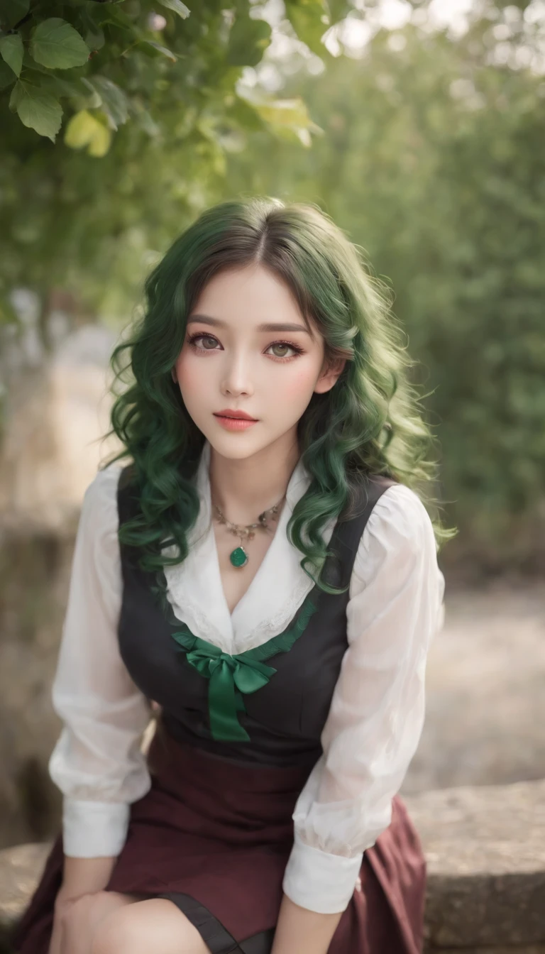 (Best quality, Ultra-detailed, Photorealistic:1.37), 3D anime style girl with green wavy curls, A girl with beautiful and delicate facial features and long eyelashes, Intense red eyes that reflect light, lusciouslips, Multi-colored crystal necklace, Black school uniform with short skirt, Clear black border thigh stockings, Perfect figure, full body shot of, Shot in ultra-wide angle anime style photography.