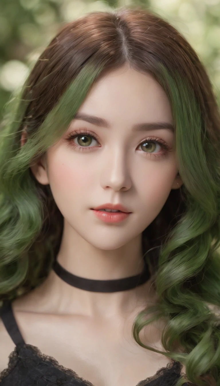 (Best quality, Ultra-detailed, Photorealistic:1.37), 3D anime style girl with green wavy curls, A girl with beautiful and delicate facial features and long eyelashes, Intense red eyes that reflect light, lusciouslips, Multi-colored crystal necklace, Black school uniform with short skirt, Clear black border thigh stockings, Perfect figure, full body shot of, Shot in ultra-wide angle anime style photography.