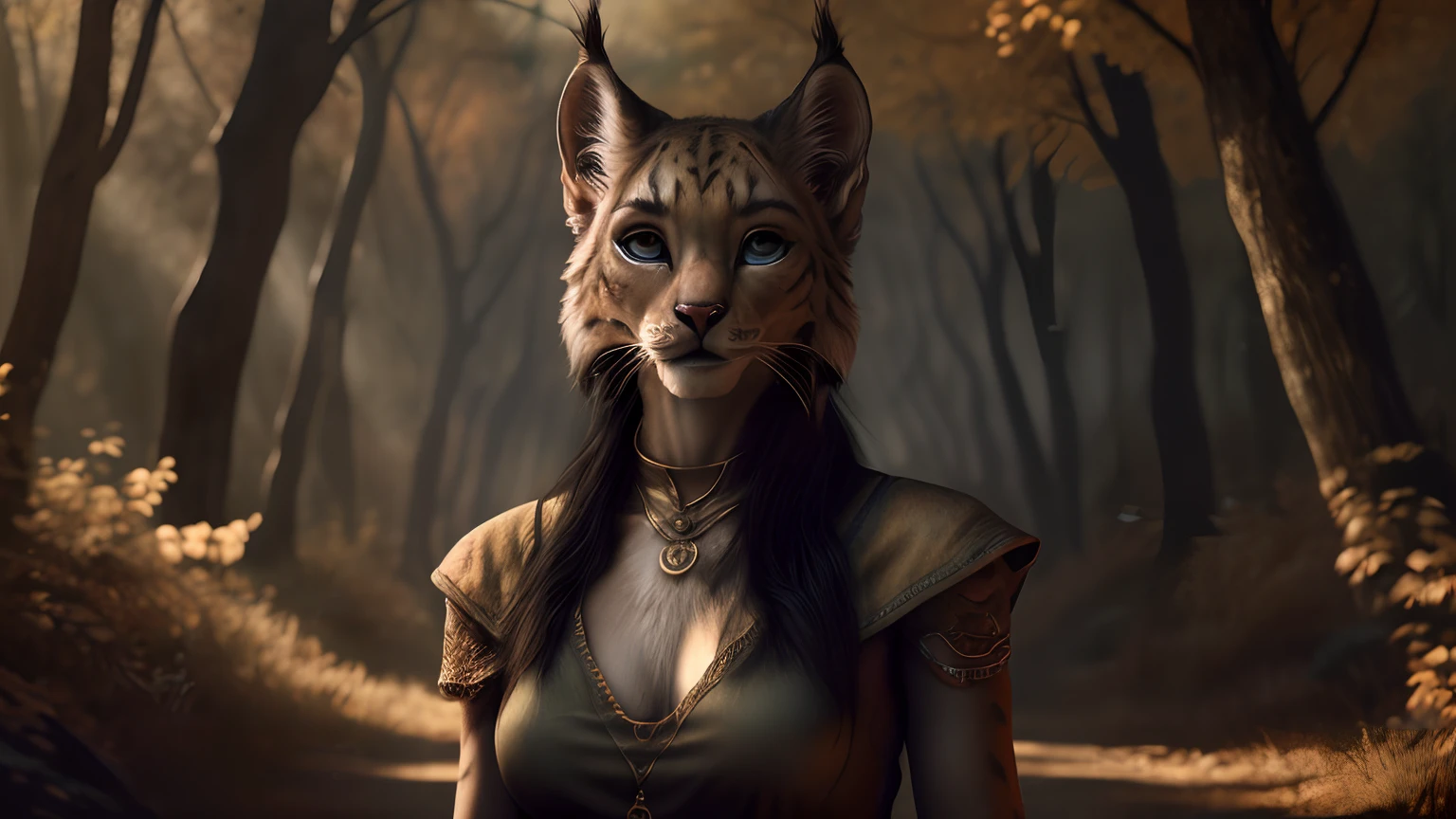 (best quality,4k,8k,highres,masterpiece:1.2),ultra-detailed,(realistic,photorealistic,photo-realistic:1.37), Khajiit from the Elder Scrolls, seductive woman with a fitness body, grey fur, medium long black hair, Lynx ears with piercing, exquisite jewelry, walking through an Autumn Forest, surrounded by majestic mountains