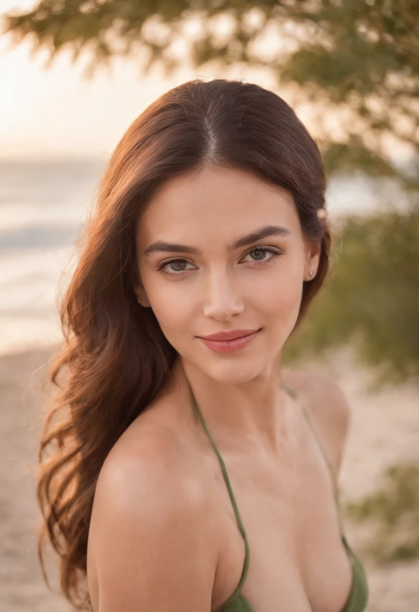 tez clara, Female around 19 years old, Cabello rojo natural, Ojos verdes distintivos, in swimsuit, Delgado y elegante, Beautiful, Luz de velas en un entorno a la playa, Ultra Sharp Focus, Toma realista, Ropa femenina, Tetradic colors, mar en el fondo, modelando para la foto, Nice and friendly smile,