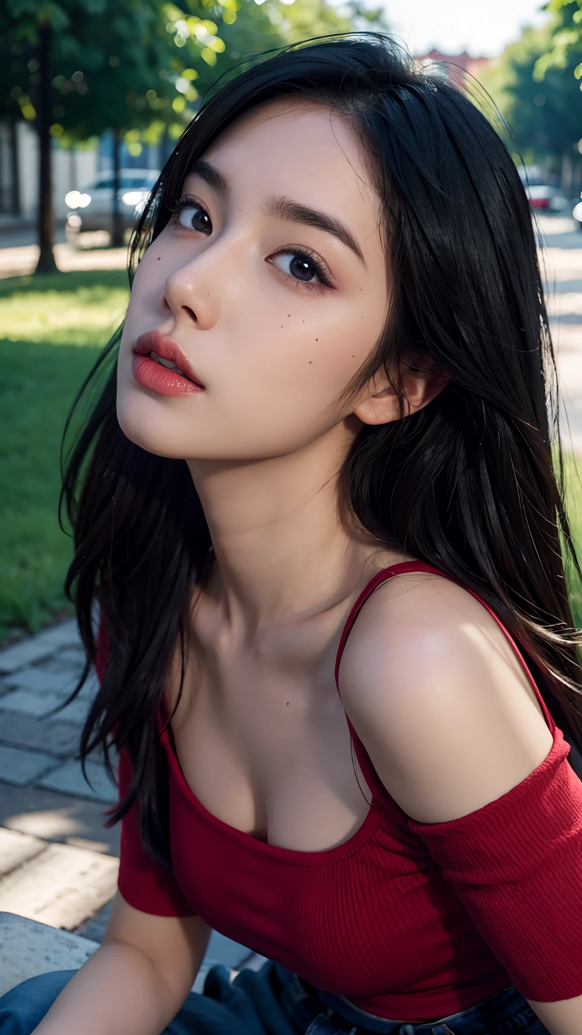 hyperrealistic, illustration, high resolution, 8K, extremely detailed, best illustration, beautiful detailed eyes, best quality, super detailed, masterpiece, wallpaper, detailed face, solo, 1 girl, black wavy hair, korean, heterochromic eyes, small moles under the eyes, red t-shirt top, pants underneath, tight abs, no chest leakage, background park, attractive pose,