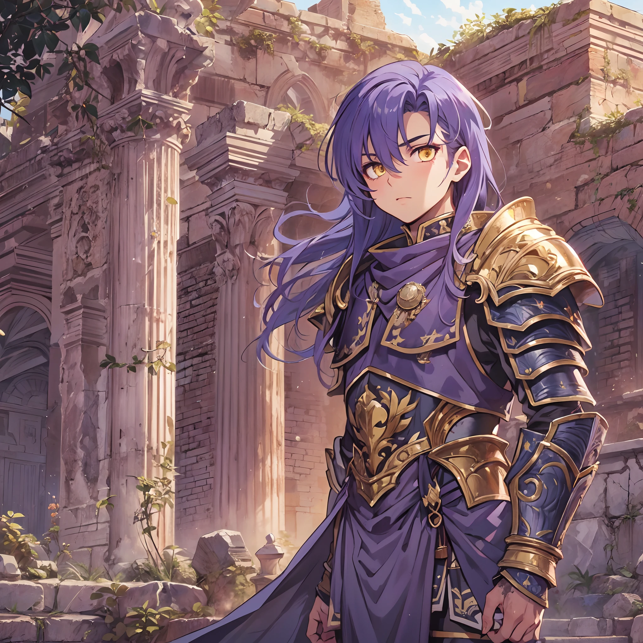 Ultra High Definition,
Ultra High Quality,
Hyper Definition,
Hyper Quality,
Hyper Detailed,
Extremely Detailed,
Perfectly Detailed,
Masterpiece,
8k,
1 Boy,
Anime,
Long Purple Hair,
Under Cut Hairstyle,
Solid Yellow Eyes,
Handsome,
Armored With Roman Emperor Armor,
Ancient Roman Empire Ruins Background,