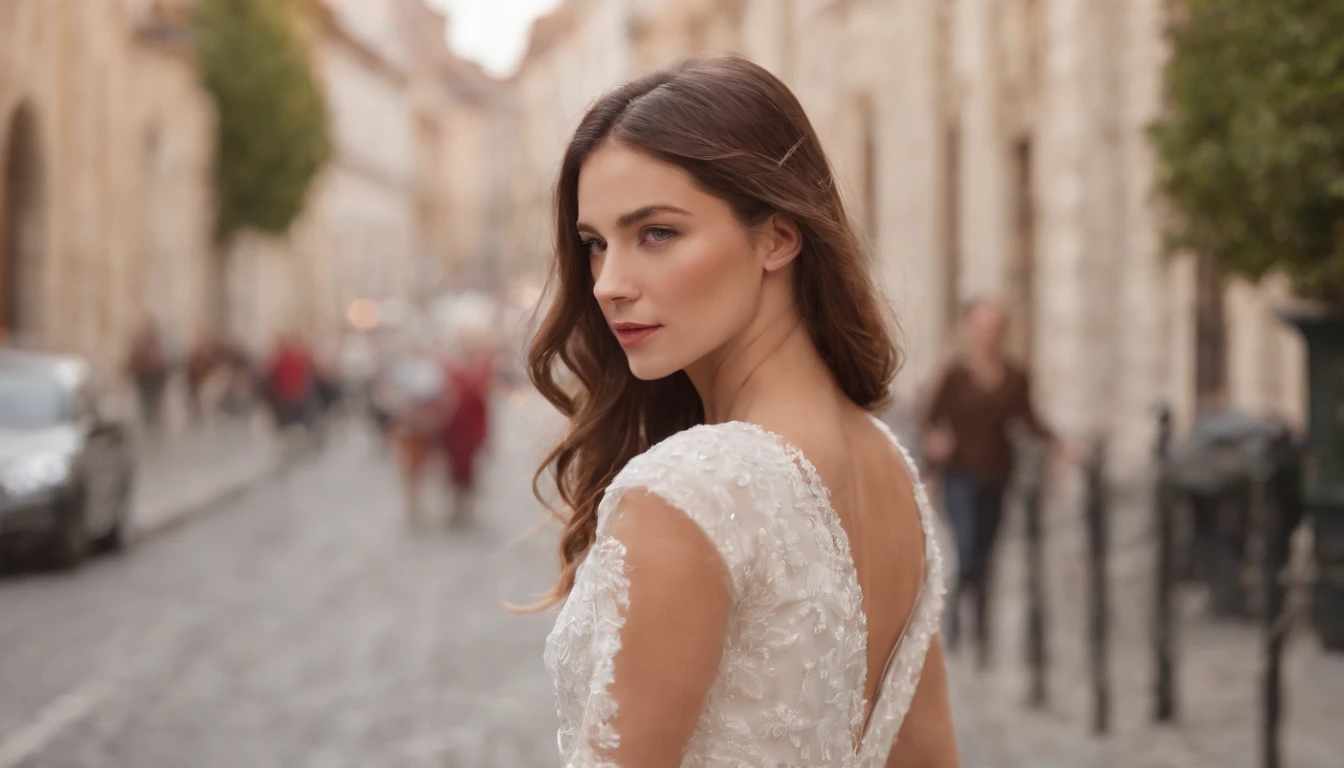 A flow of vision of a beautiful woman walking down a street, vestido blanco transparente iluminados por el sol, Un coche rojo pasando en el fondo, y un mundo de luz brillante.