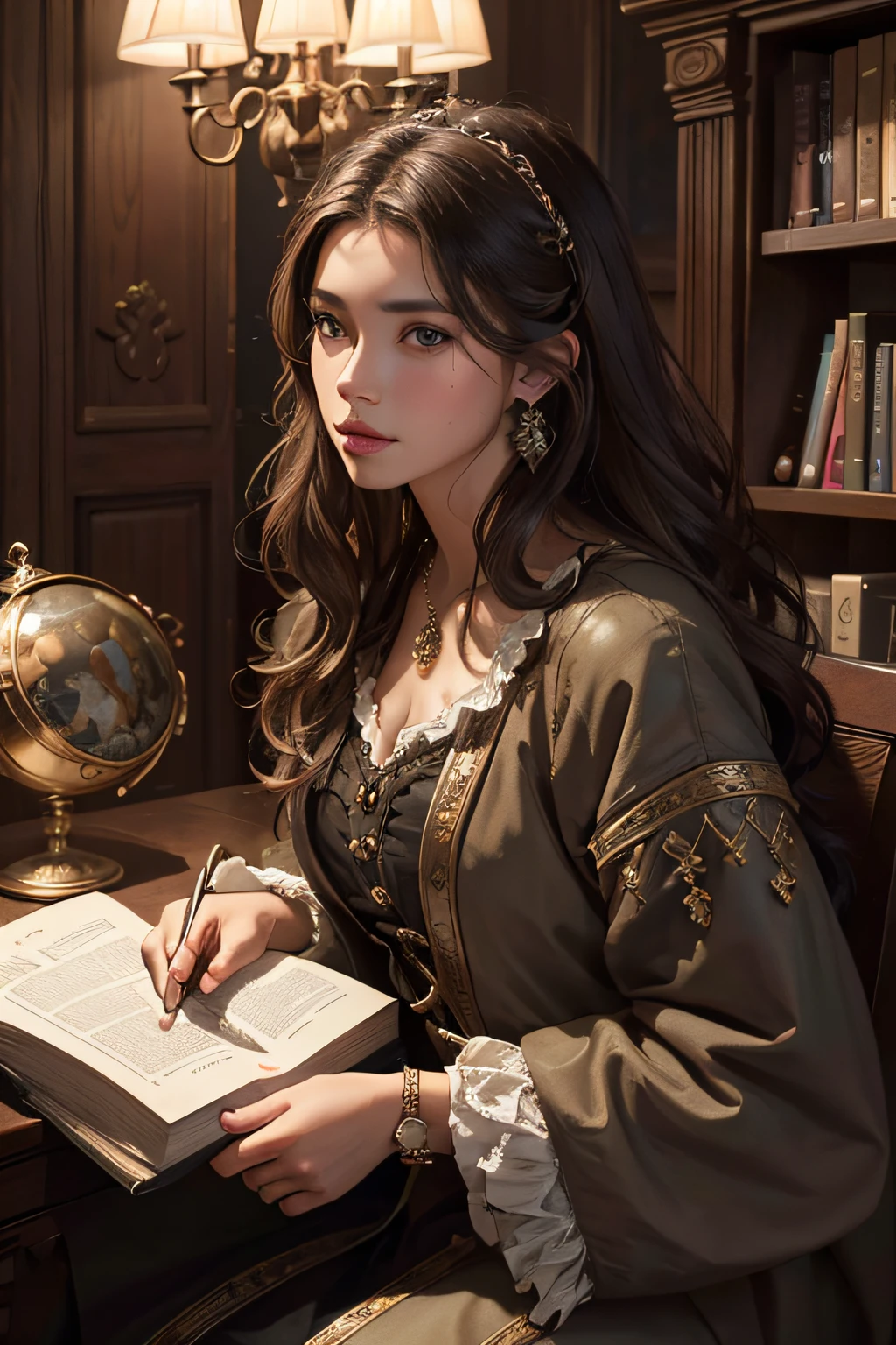 masterpiece, hyper photorealistic, renaissance style, Lost in thought while writing a letter, super ultra huge enormous breasts, super detailed, high definition