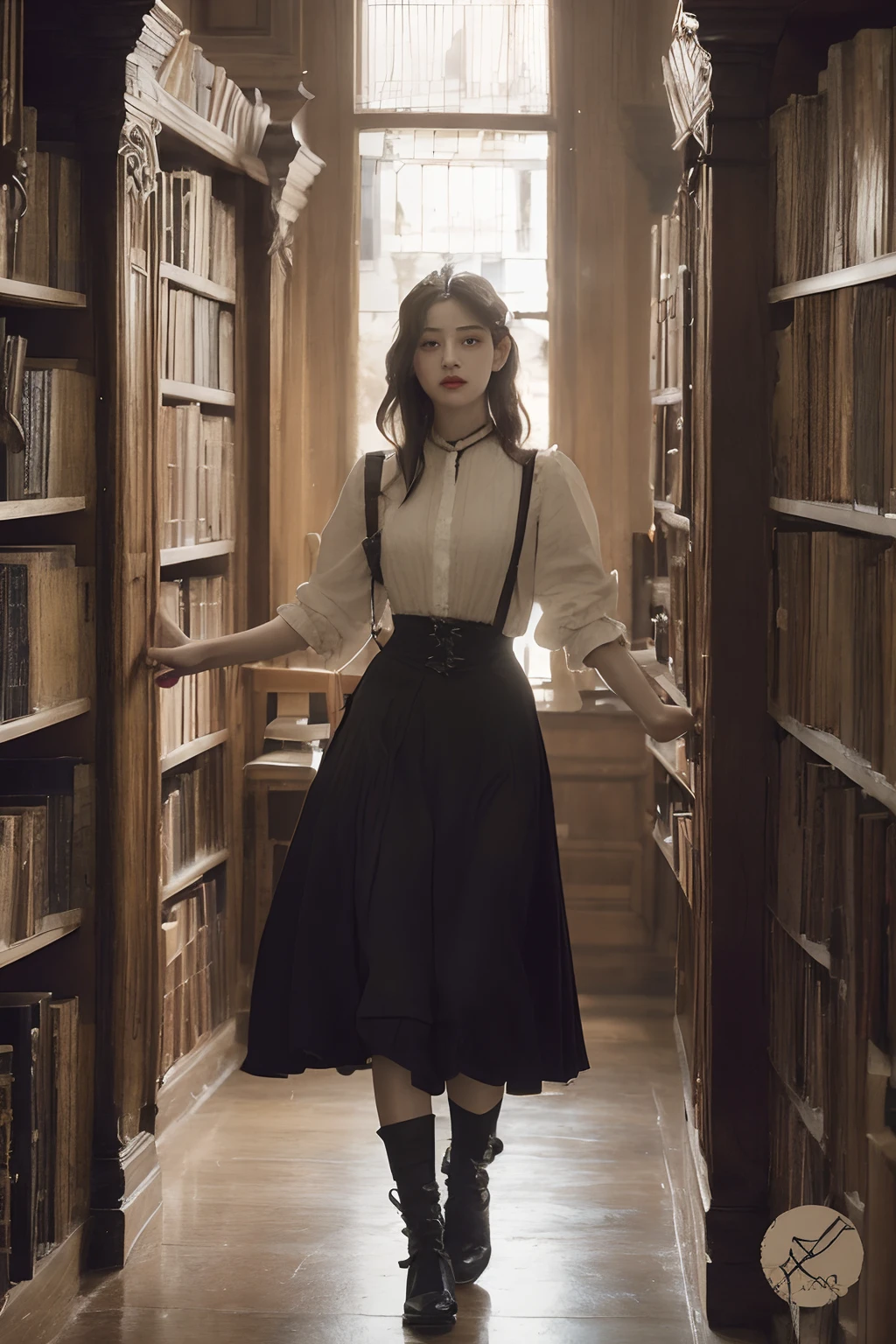 arafed woman in a library with bookshelves and a window, the librarian, bae suzy, wearing 1890s era clothes, in a gloomy library, librarian, dark academia, victorian style costume, mid shot portrait, classical witch, blackpink jennie, standing inside a magic library, dark academia aesthetics, cinematic outfit photo, victorian inspired clothing