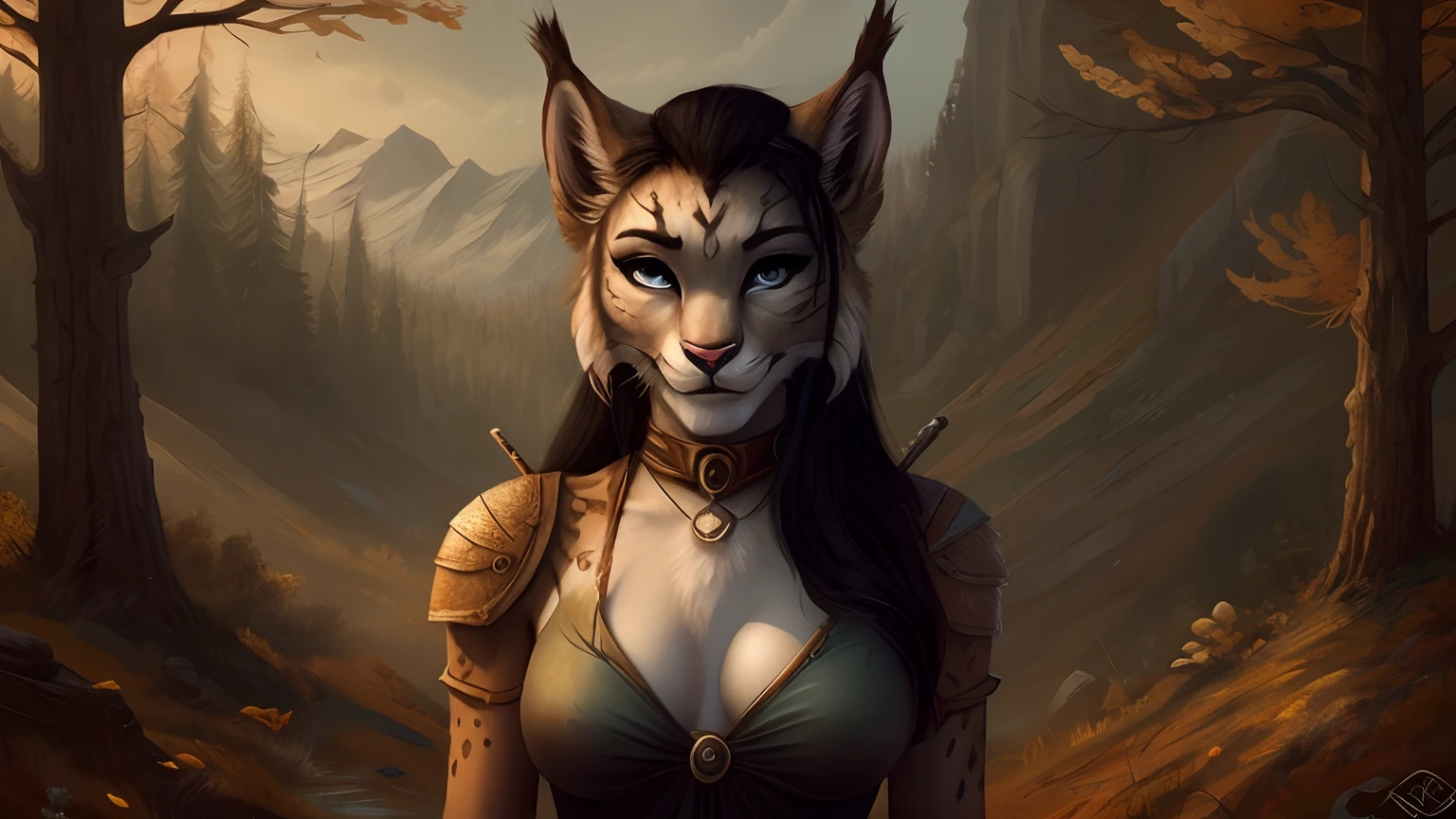 Khajiit from "the elder Scrolls", woman's, Seductive fitness body, grey fur, medium long black hair, Lynx ears with piercing, jewelry, hunting, mountains, Autumn Forest
